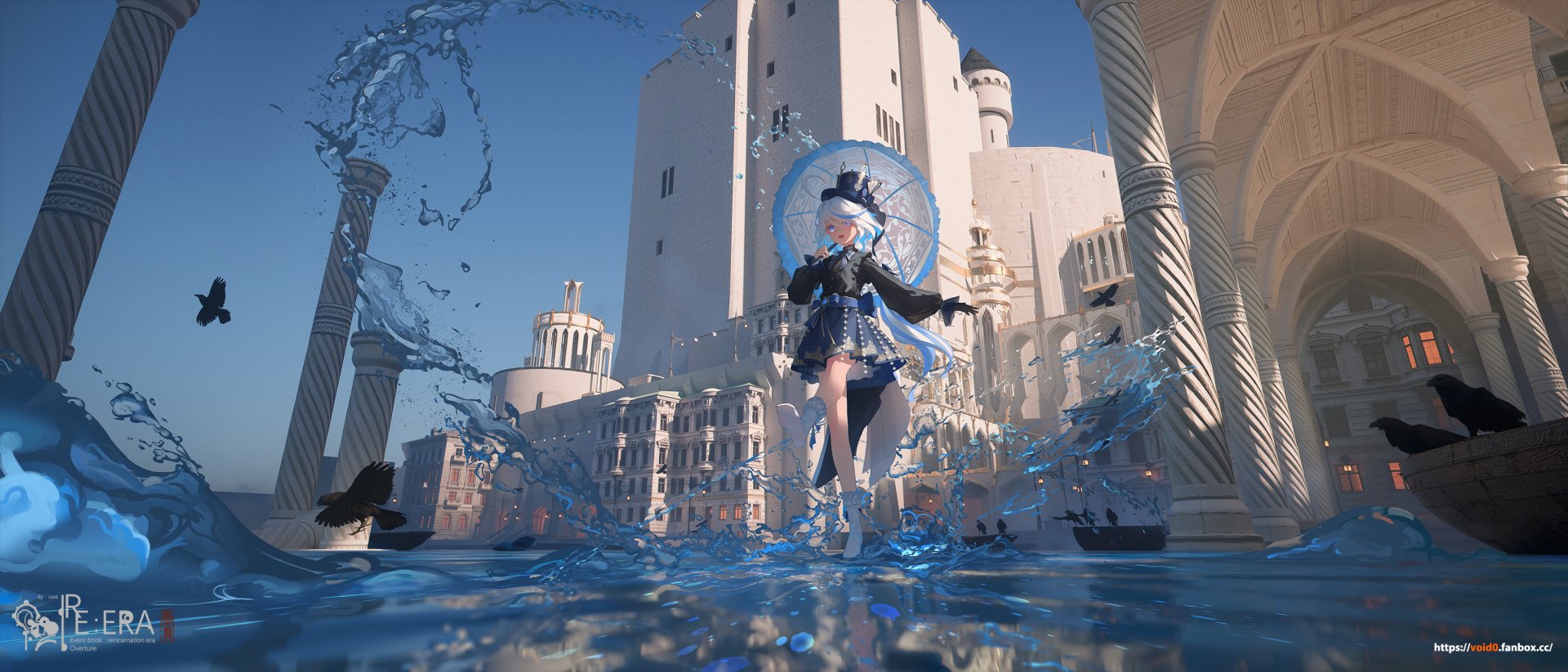 HD PC desktop wallpaper from the video game Genshin Impact, featuring a character in blue attire conjuring water magic amidst grand architectural pillars and towers.
