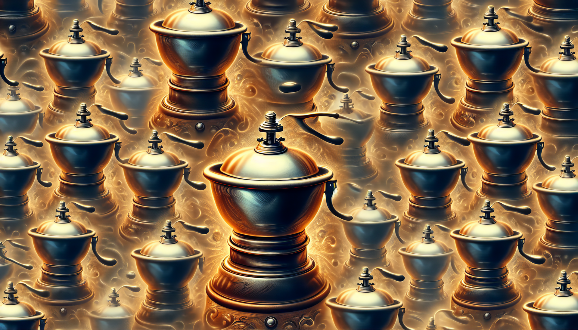 HD desktop wallpaper featuring a repeated pattern of vintage coffee grinders with artistic digital effects for a mesmerizing background.