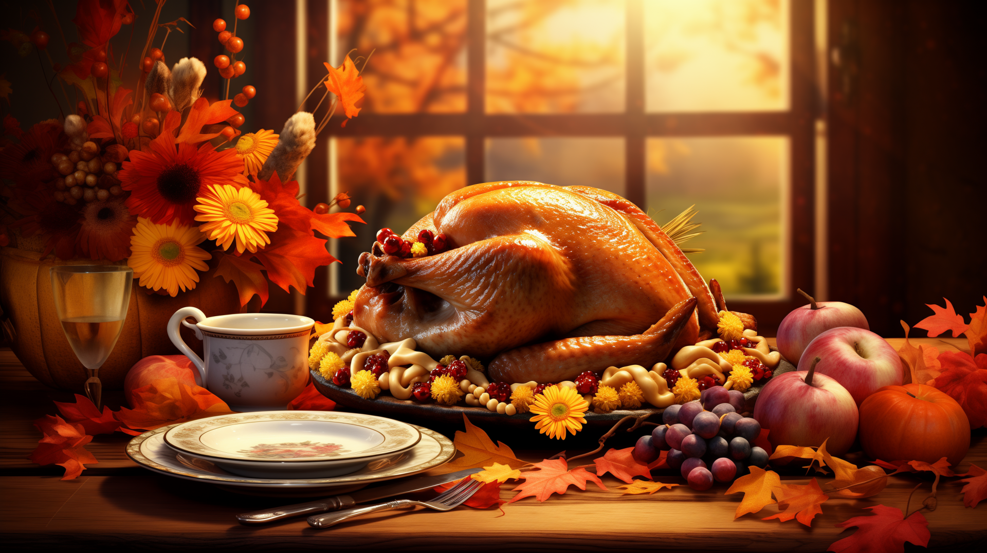 HD Thanksgiving desktop wallpaper featuring a roasted turkey centerpiece surrounded by autumn flowers, fruits, and a warm fall setting with a window view.