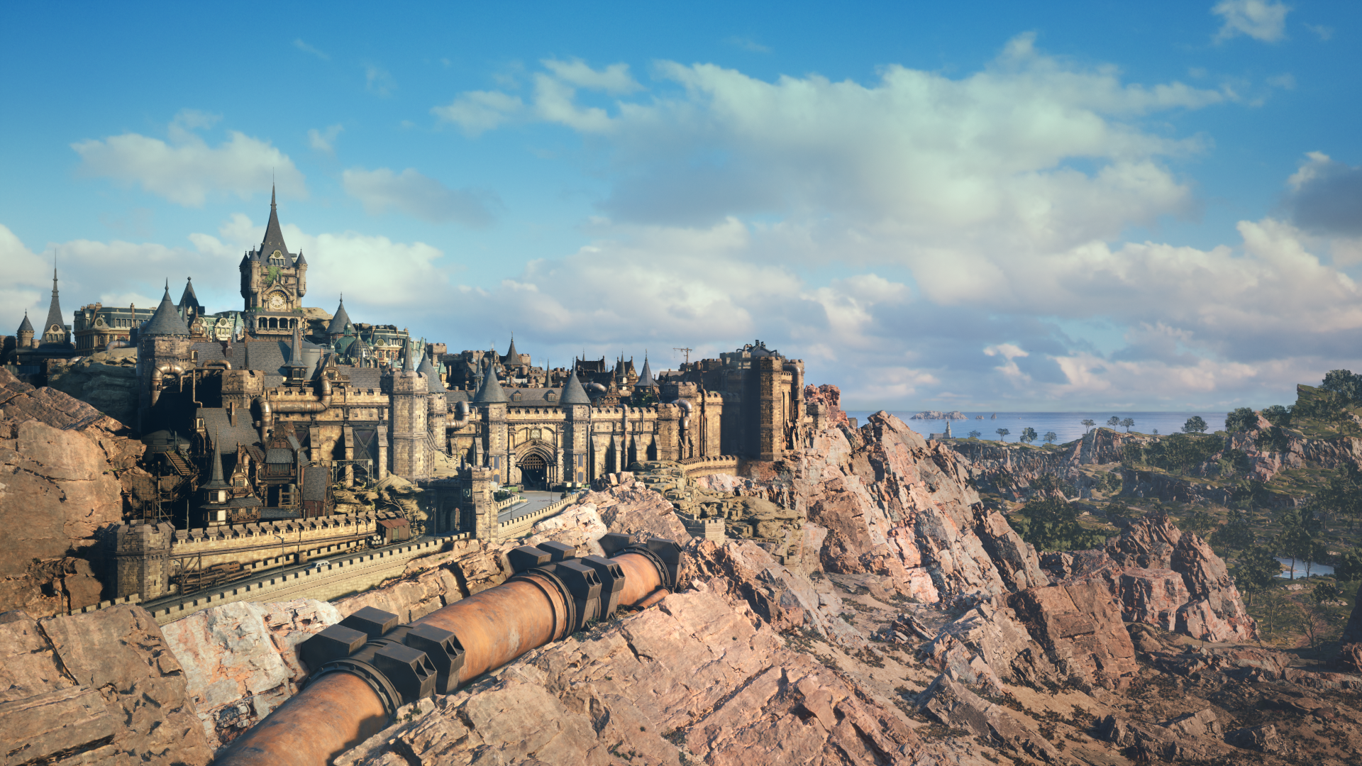 HD desktop wallpaper featuring the majestic cityscape from Final Fantasy VII Rebirth with a dramatic sky background.