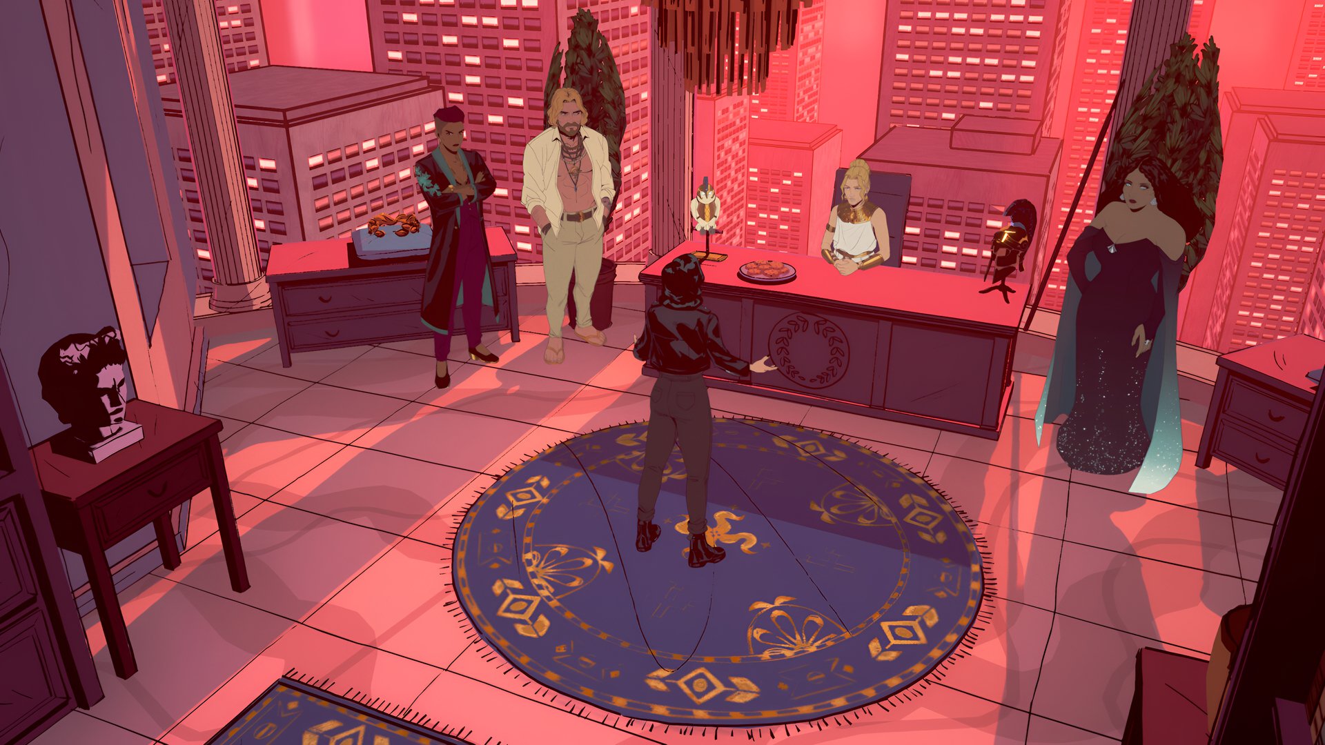 Stray Gods: The Roleplaying Musical HD wallpaper featuring illustrated characters in a mystical room setting with red ambient lighting.