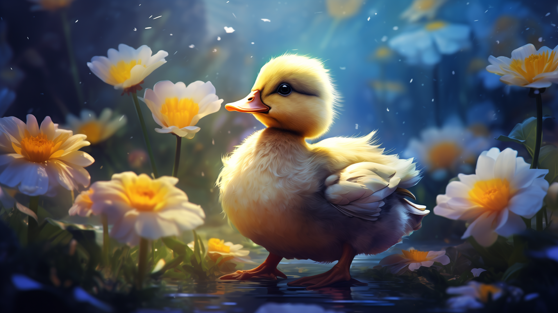 A detailed HD AI art wallpaper of a duckling standing among glowing garden flowers, blending vibrant nature and animal elements in a serene scene.