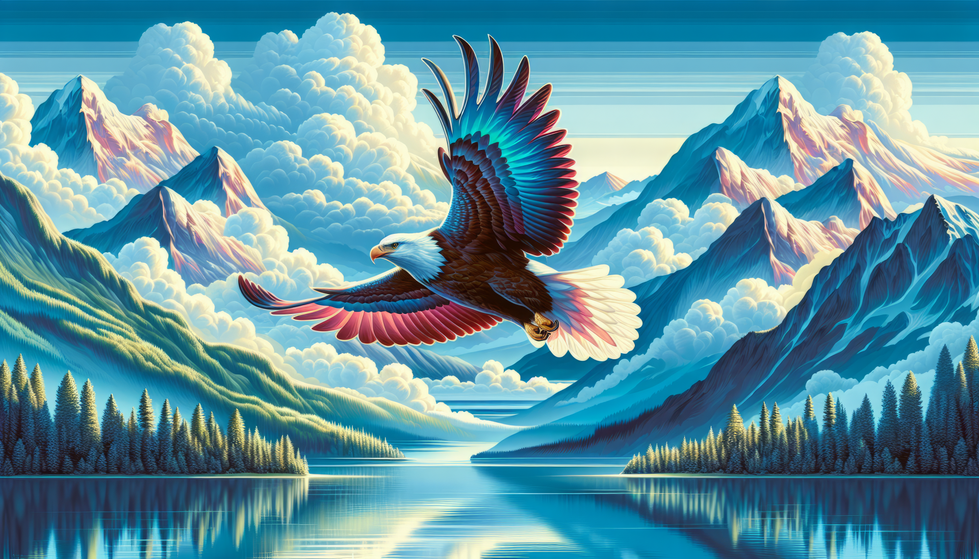 HD desktop wallpaper featuring a majestic bald eagle in flight over a serene mountain lake landscape.