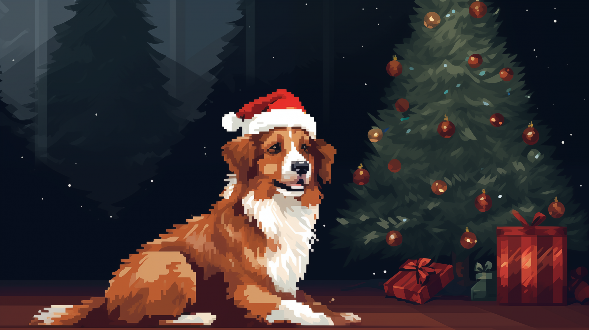 A festive dog wearing a Santa hat sits in front of a decorated Christmas tree, surrounded by wrapped gifts, creating a cheerful holiday atmosphere.