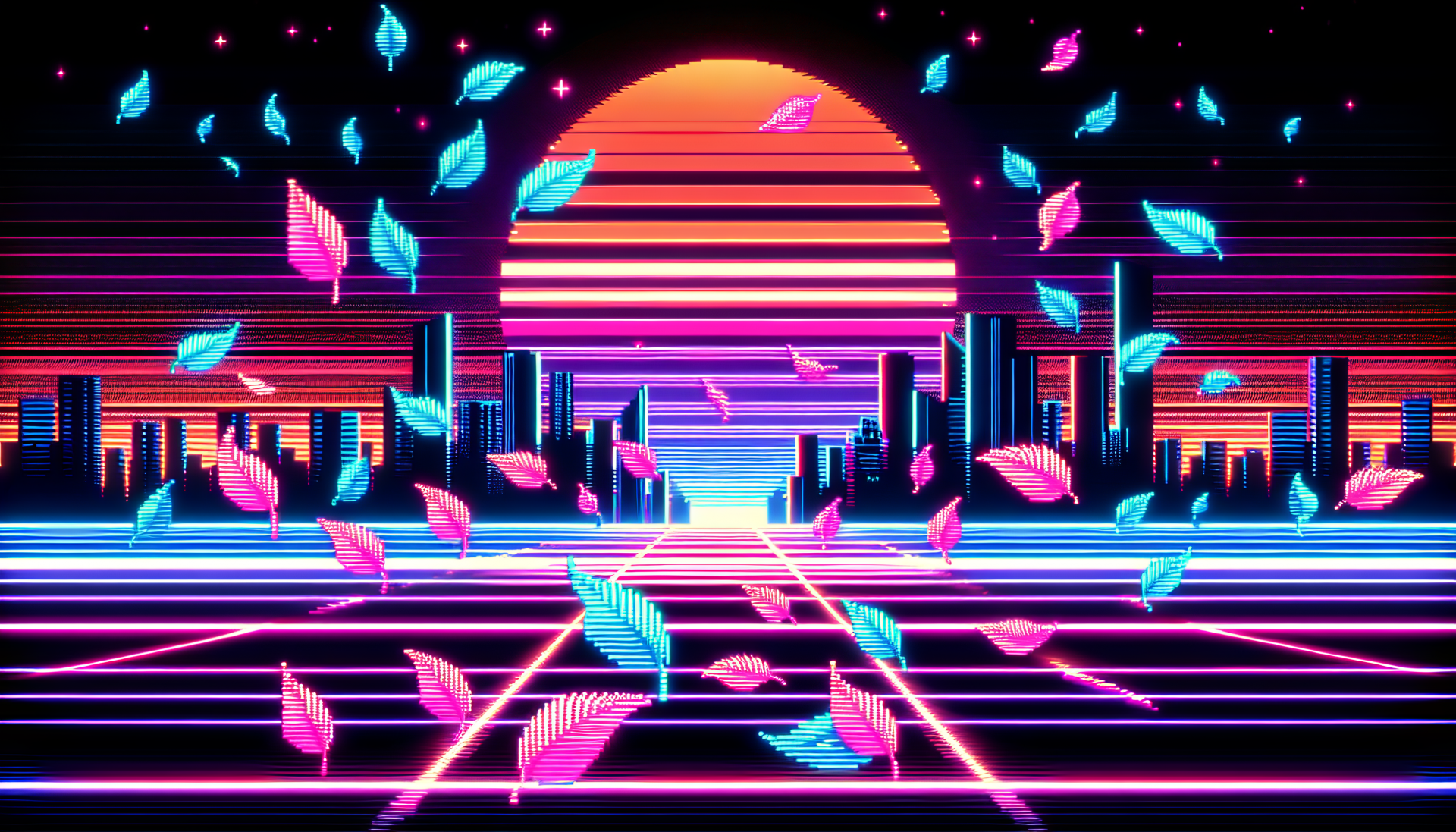 Synthwave-inspired HD desktop wallpaper with a vibrant retro sunset and falling leaves motif.
