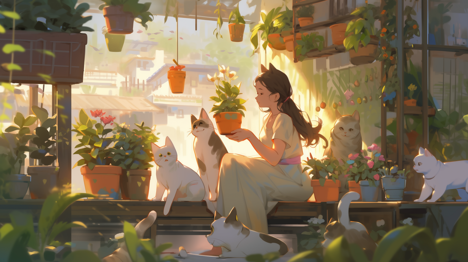 HD PC desktop wallpaper featuring AI art of a woman surrounded by cats and pastel-colored hanging plants in a sunlit, serene indoor garden setting.
