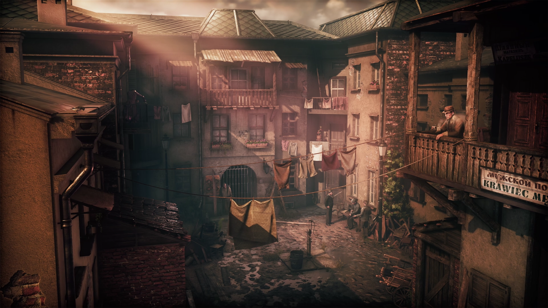 HD desktop wallpaper featuring 'The Thaumaturge' theme with a vintage sunlit alleyway and hanging laundry.