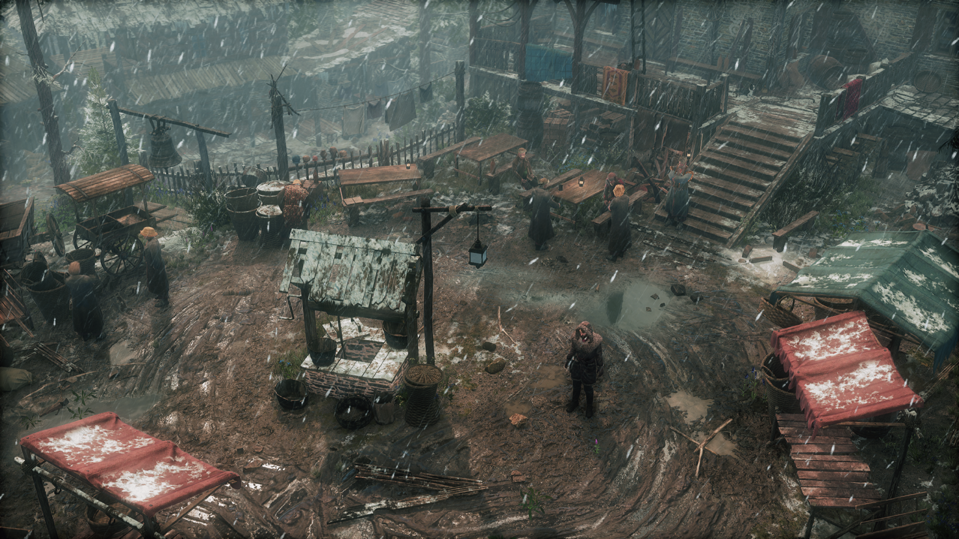 An atmospheric HD desktop wallpaper from the video game The Thaumaturge, featuring a snow-covered marketplace with scattered figures and rustic stalls.