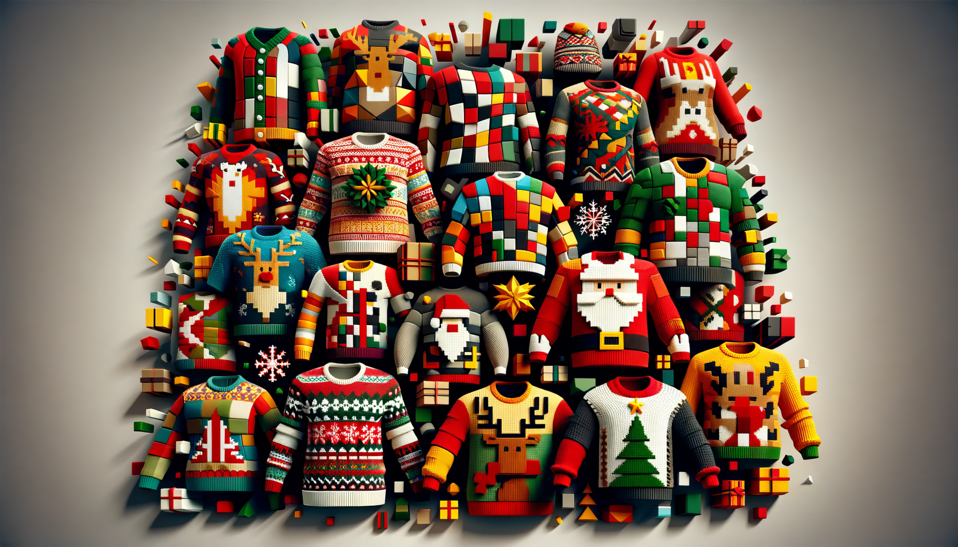 Assorted colorful ugly Christmas sweaters HD desktop wallpaper and background.