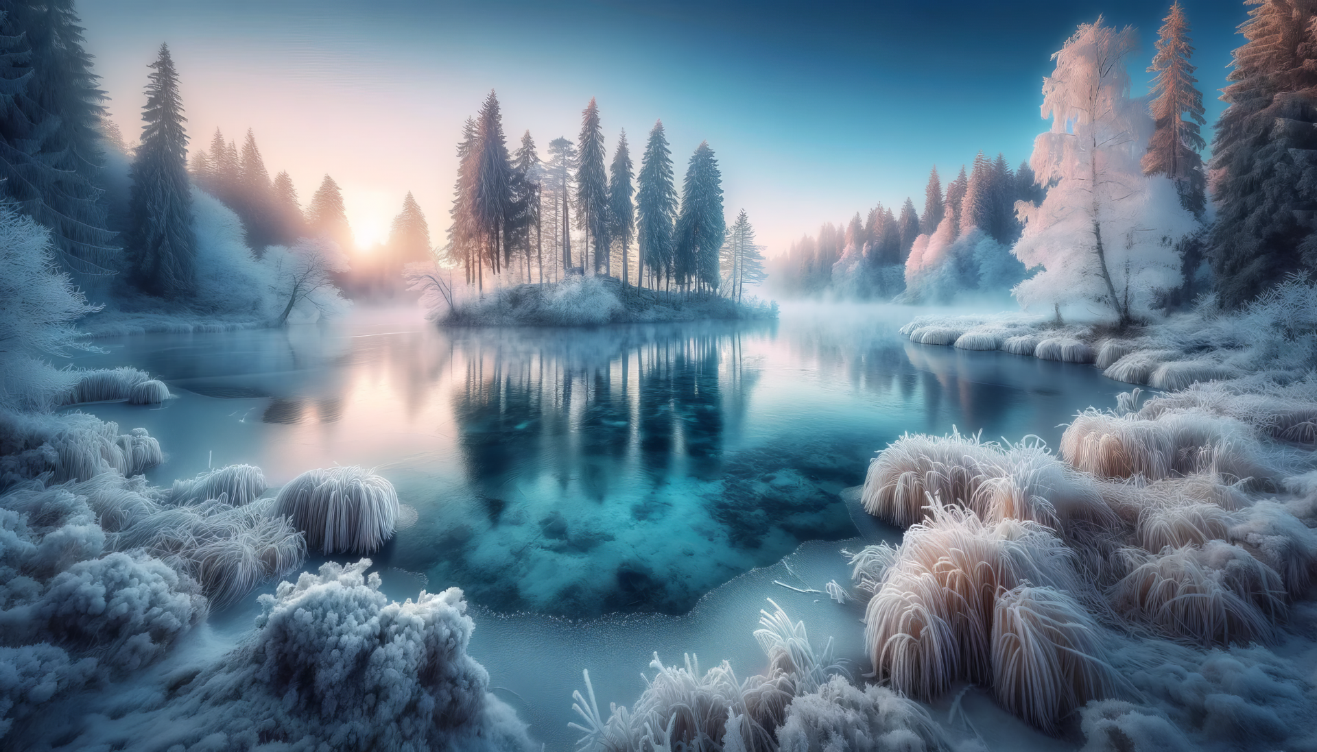 Frosty winter landscape with snow-covered trees reflected in a serene lake at sunrise - HD desktop wallpaper and background