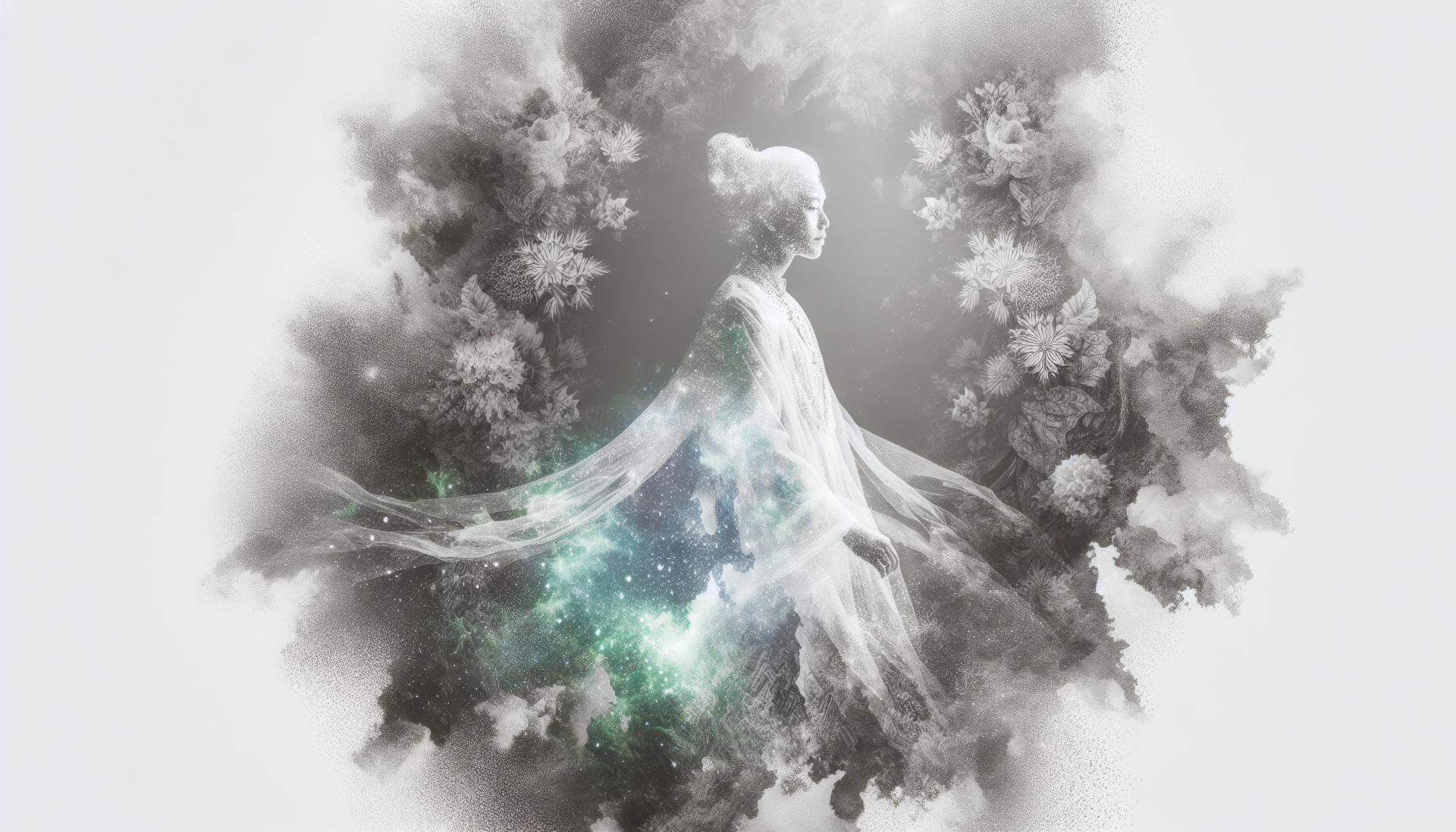 Ethereal HD desktop wallpaper featuring an abstract silhouette of a person with a cosmic and floral design, blending stars and flowers in a monochromatic palette with hints of green.