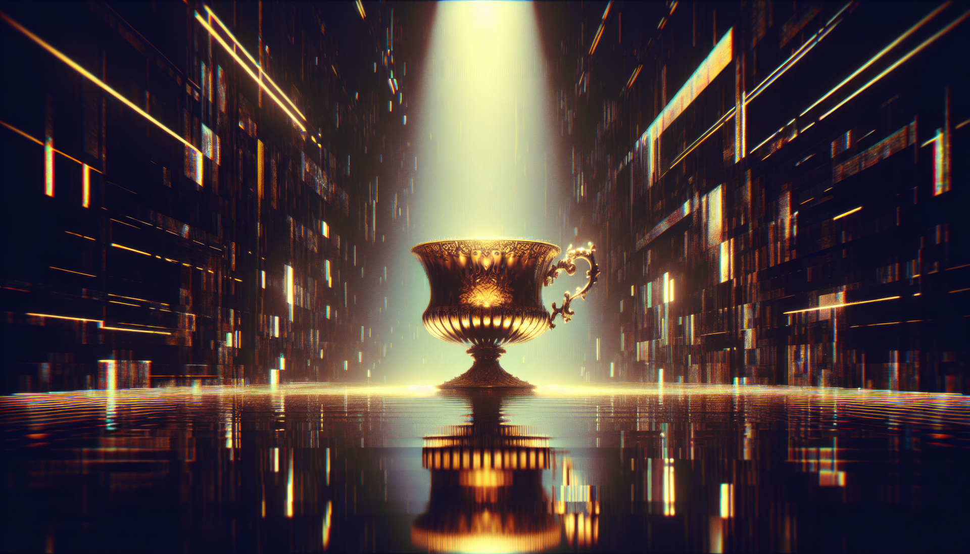 A glowing cup sits center stage, illuminated by a beam of light amidst a futuristic, reflective background, creating a striking HD desktop wallpaper.
