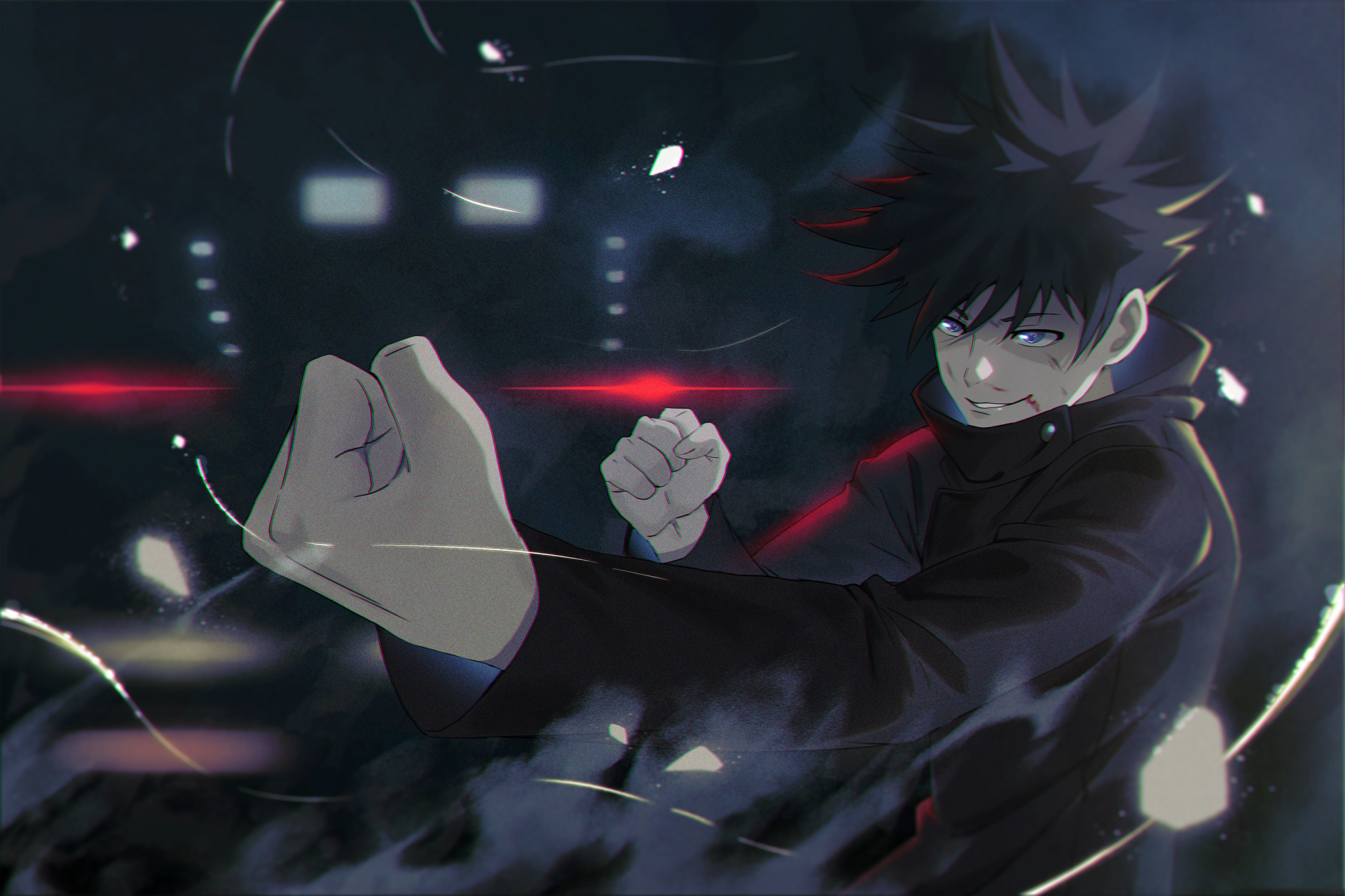 HD PC desktop wallpaper featuring Megumi Fushiguro from the anime Jujutsu Kaisen in a dynamic fighting pose with dark, intense background elements.