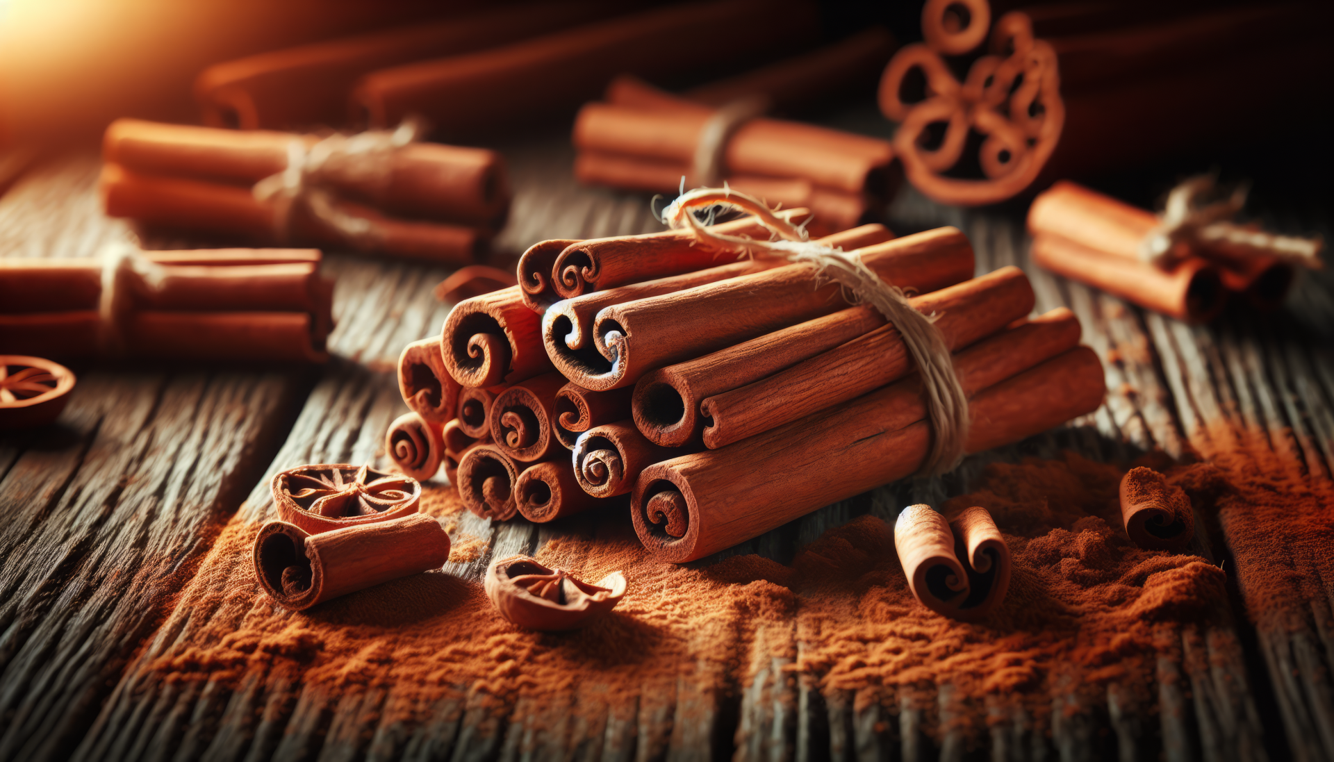 A visually rich HD desktop wallpaper featuring bundles of cinnamon sticks and scattered spice on a wooden surface, capturing the warmth and texture of cinnamon.