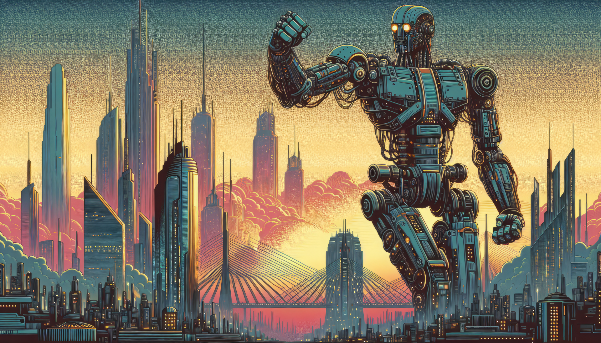 A towering robot stands against a vibrant sunset skyline, showcasing futuristic skyscrapers and a bridge, creating a striking HD desktop wallpaper.