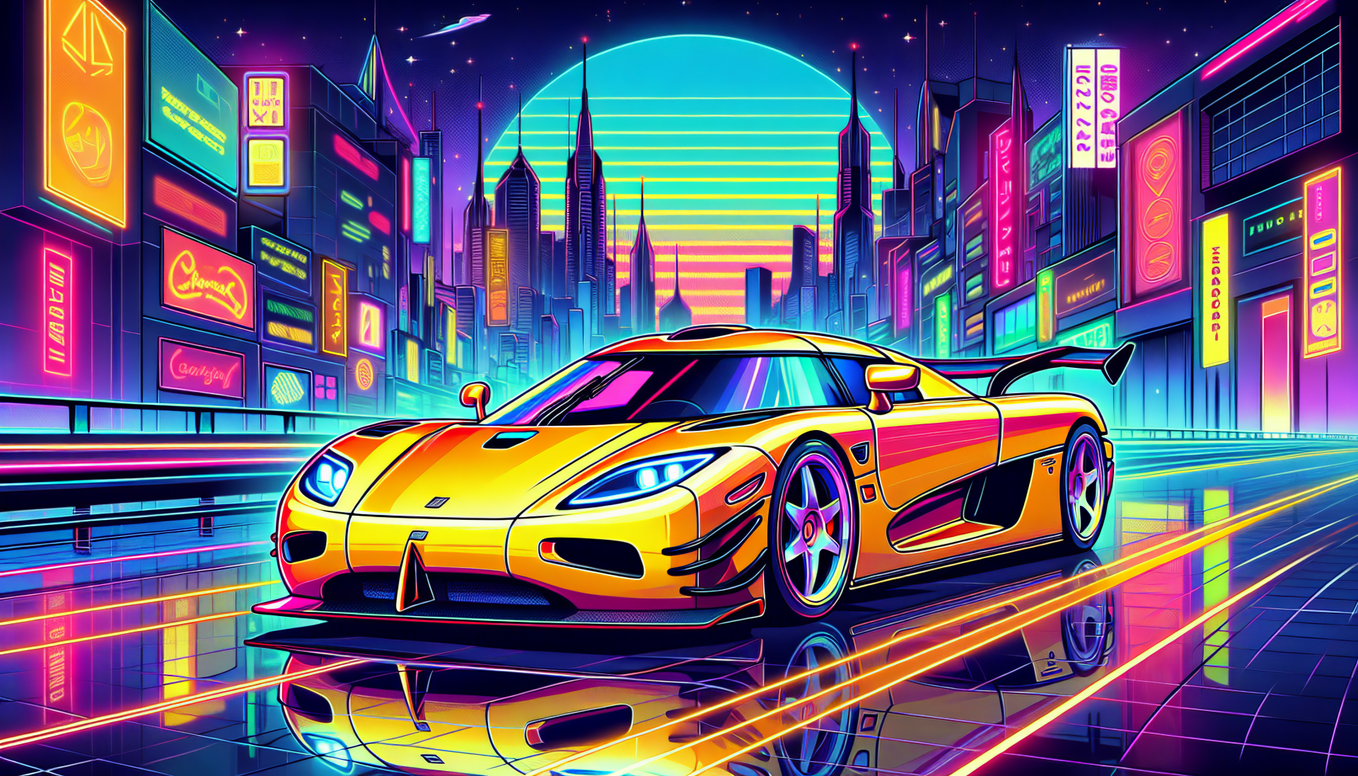 A vibrant HD wallpaper featuring a yellow Koenigsegg sports car against a neon cityscape, reflecting colorful lights and a futuristic skyline.