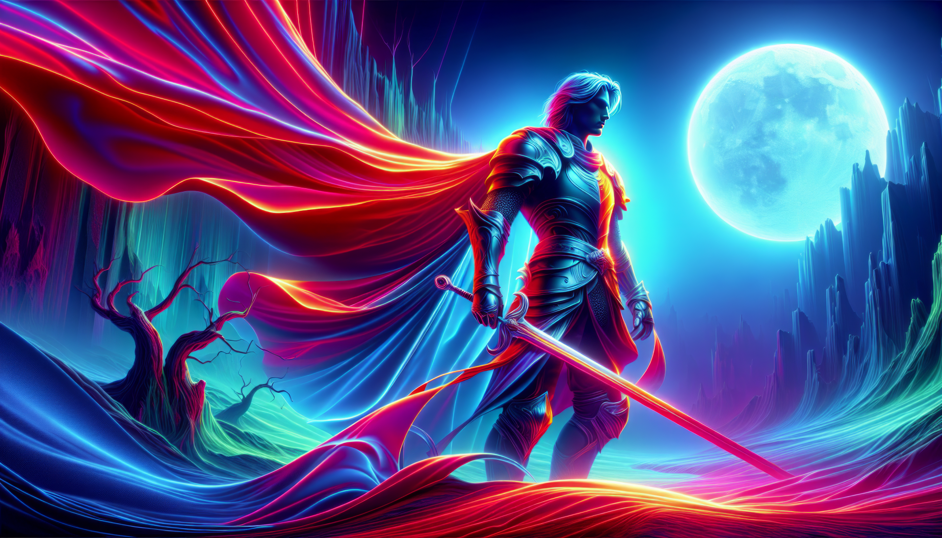 HD wallpaper of a knight with a sword against a neon-lit backdrop with a full moon and mysterious landscape.