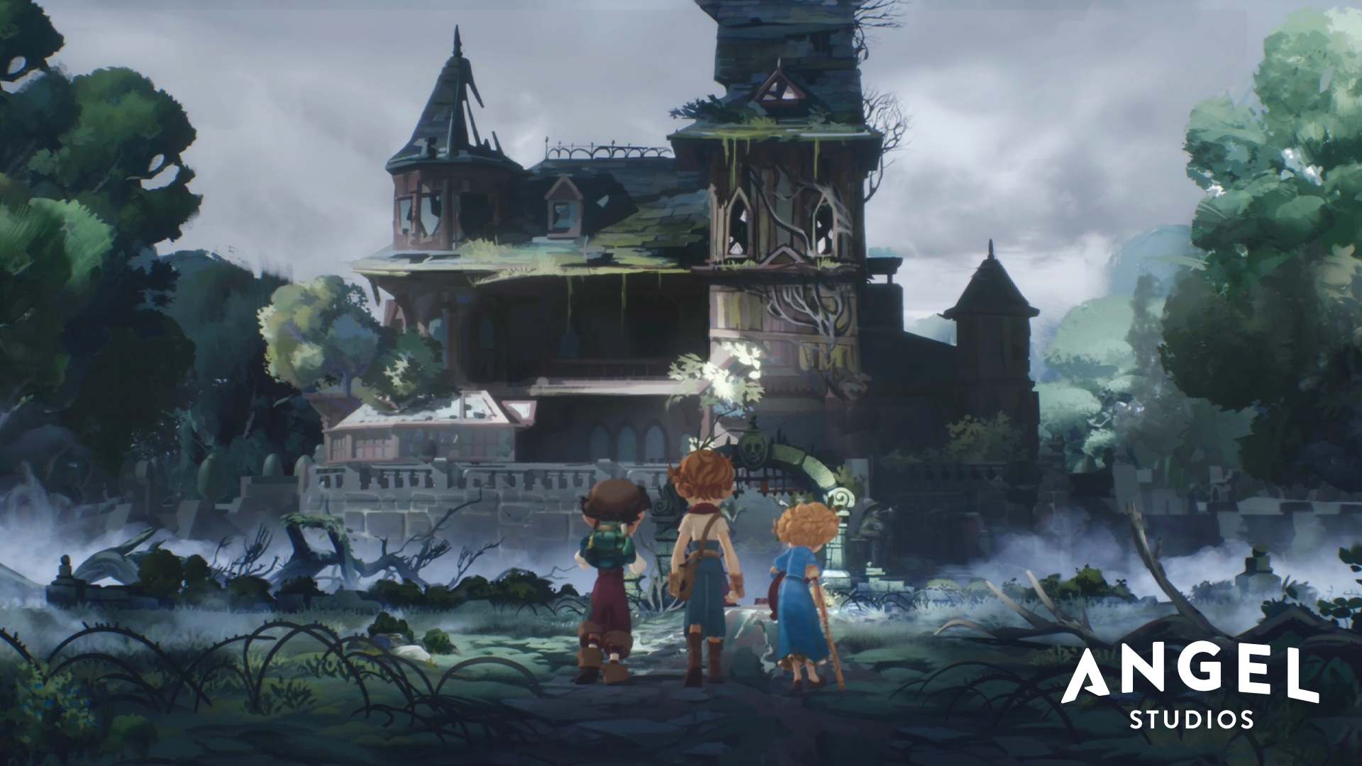 HD desktop wallpaper featuring three animated characters from The Wingfeather Saga looking at a mystical house amidst a gloomy landscape, with the Angel Studios logo displayed.