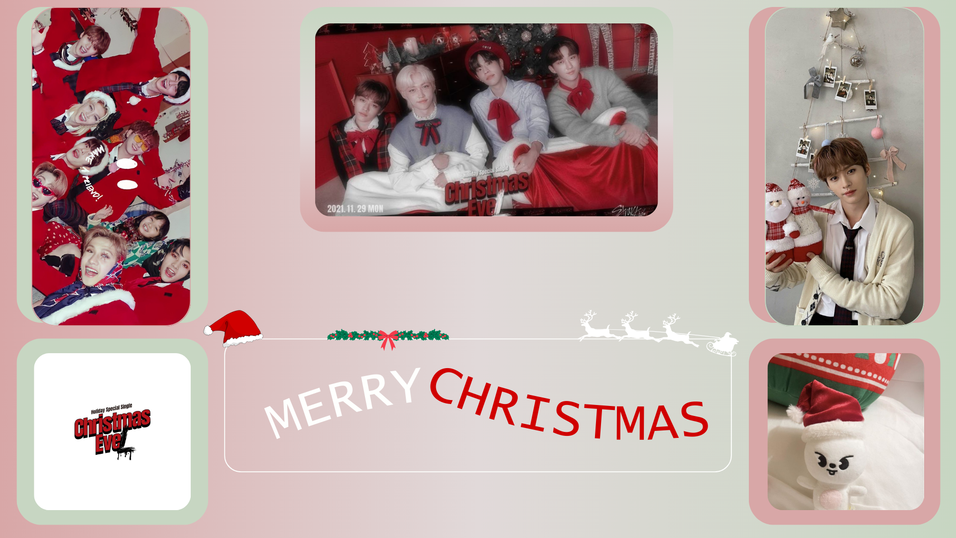 HD PC desktop wallpaper featuring Stray Kids members in festive Christmas-themed settings, blending music and holiday cheer with vibrant red and white tones.
