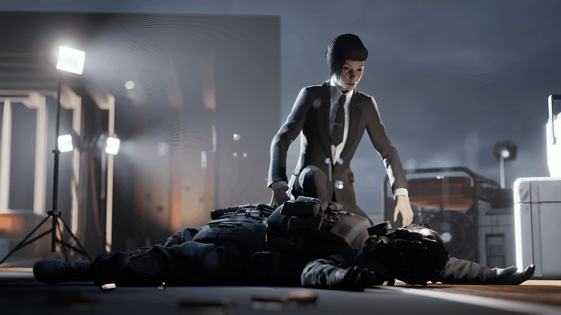 HD desktop wallpaper from Vampire: The Masquerade - Swansong featuring a dramatic scene with a character standing over another in an urban night setting.