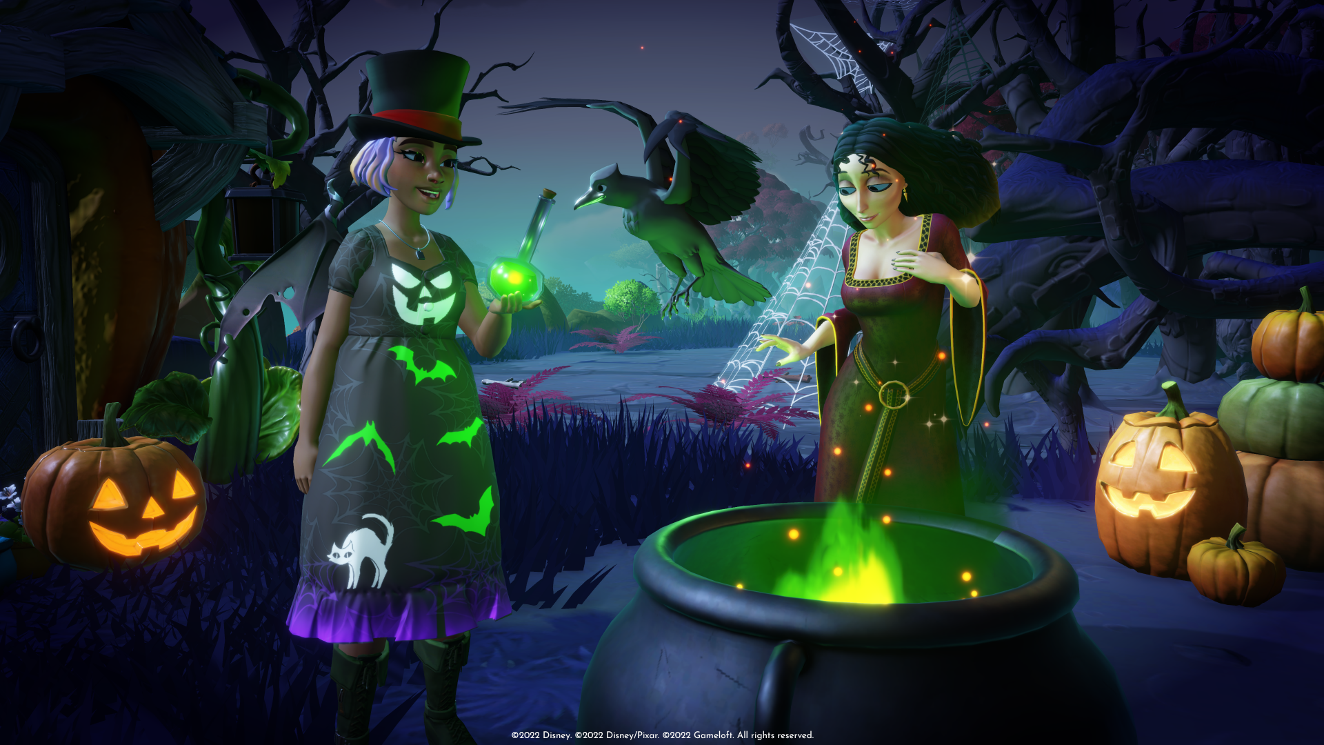 Disney Dreamlight Valley HD Wallpaper featuring characters in Halloween costumes with a magical cauldron and pumpkins in a spooky setting.