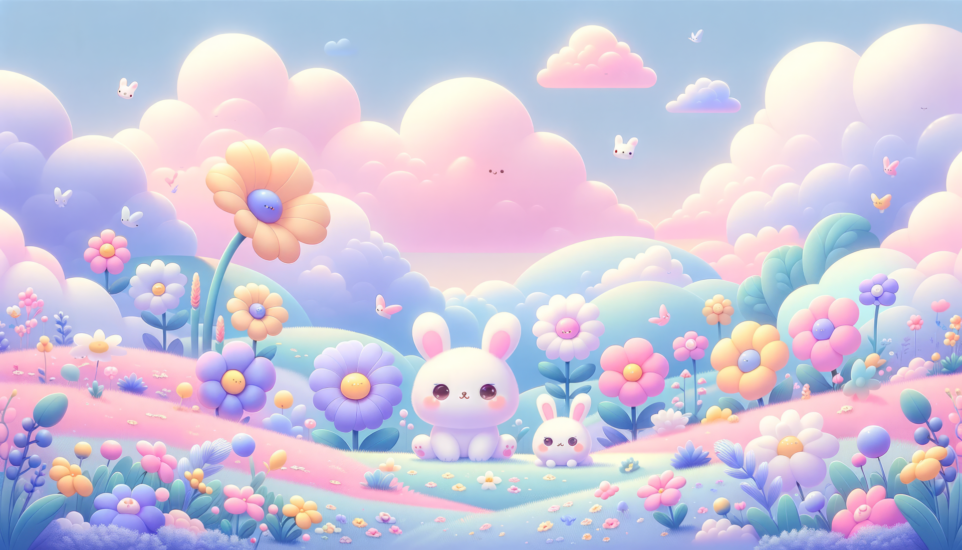HD cute aesthetic desktop wallpaper featuring a whimsical pastel landscape with adorable bunnies and colorful flowers.