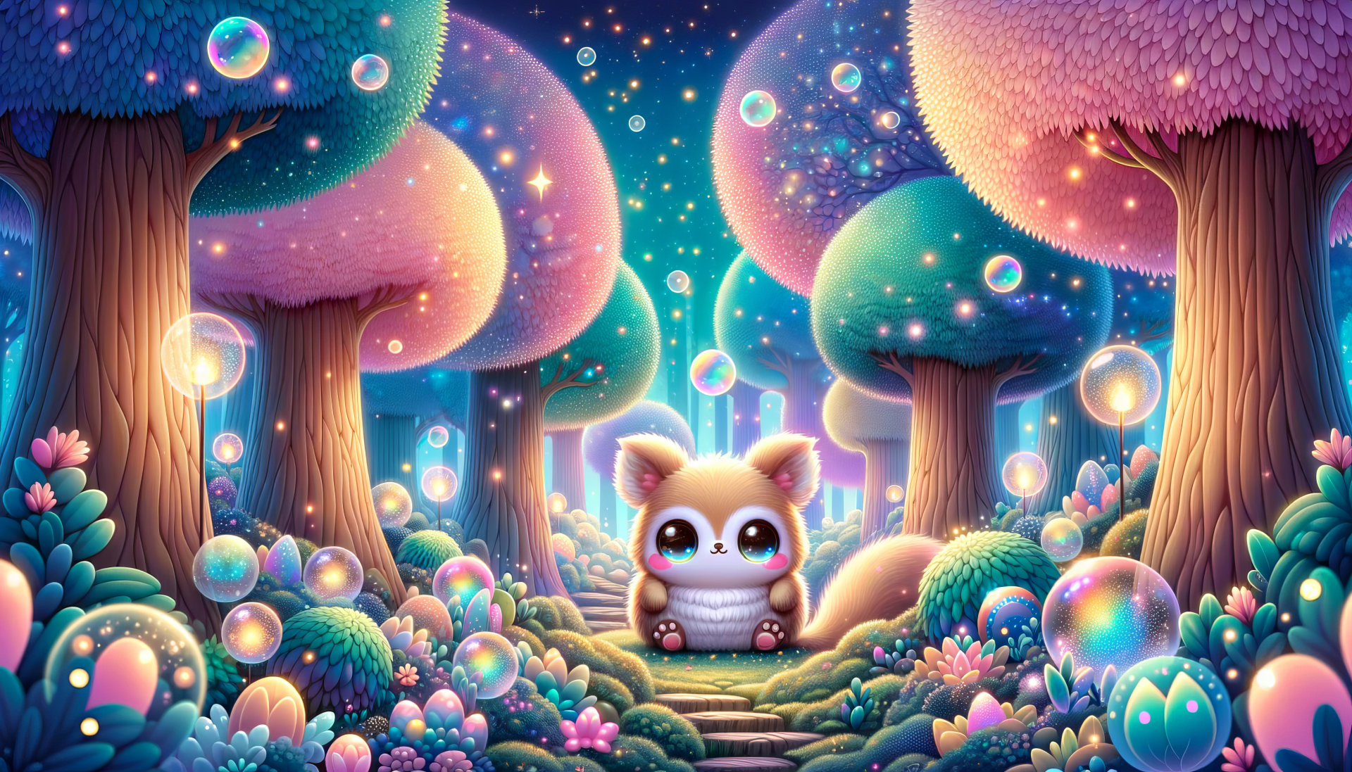 HD desktop wallpaper featuring a cute aesthetic with an adorable creature surrounded by sparkling enchanted forest and shimmering bubbles.