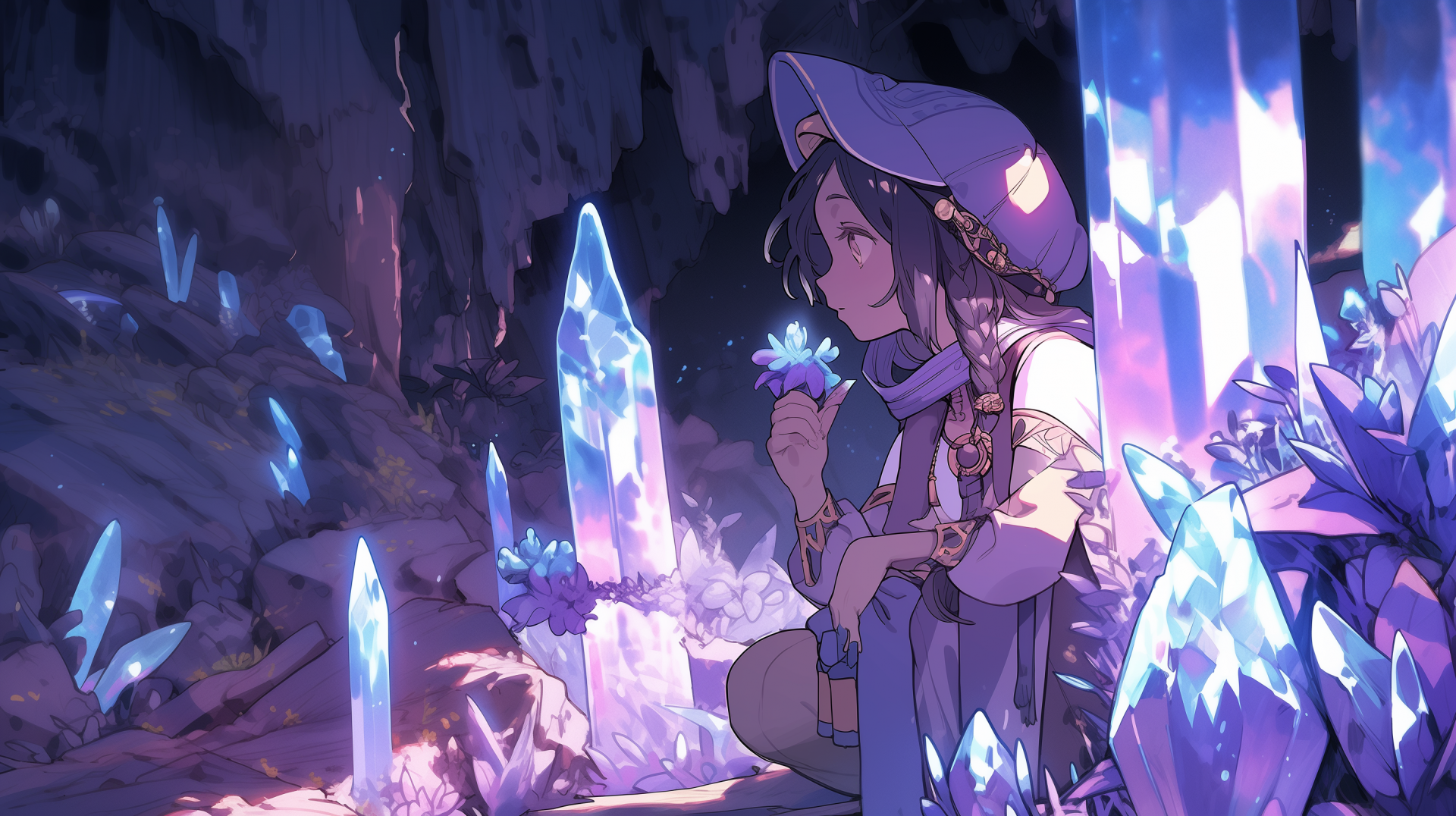 Anime-style character in a glowing crystal cave, holding a shard among towering blue crystals — 2K Quad HD PC desktop wallpaper/background.