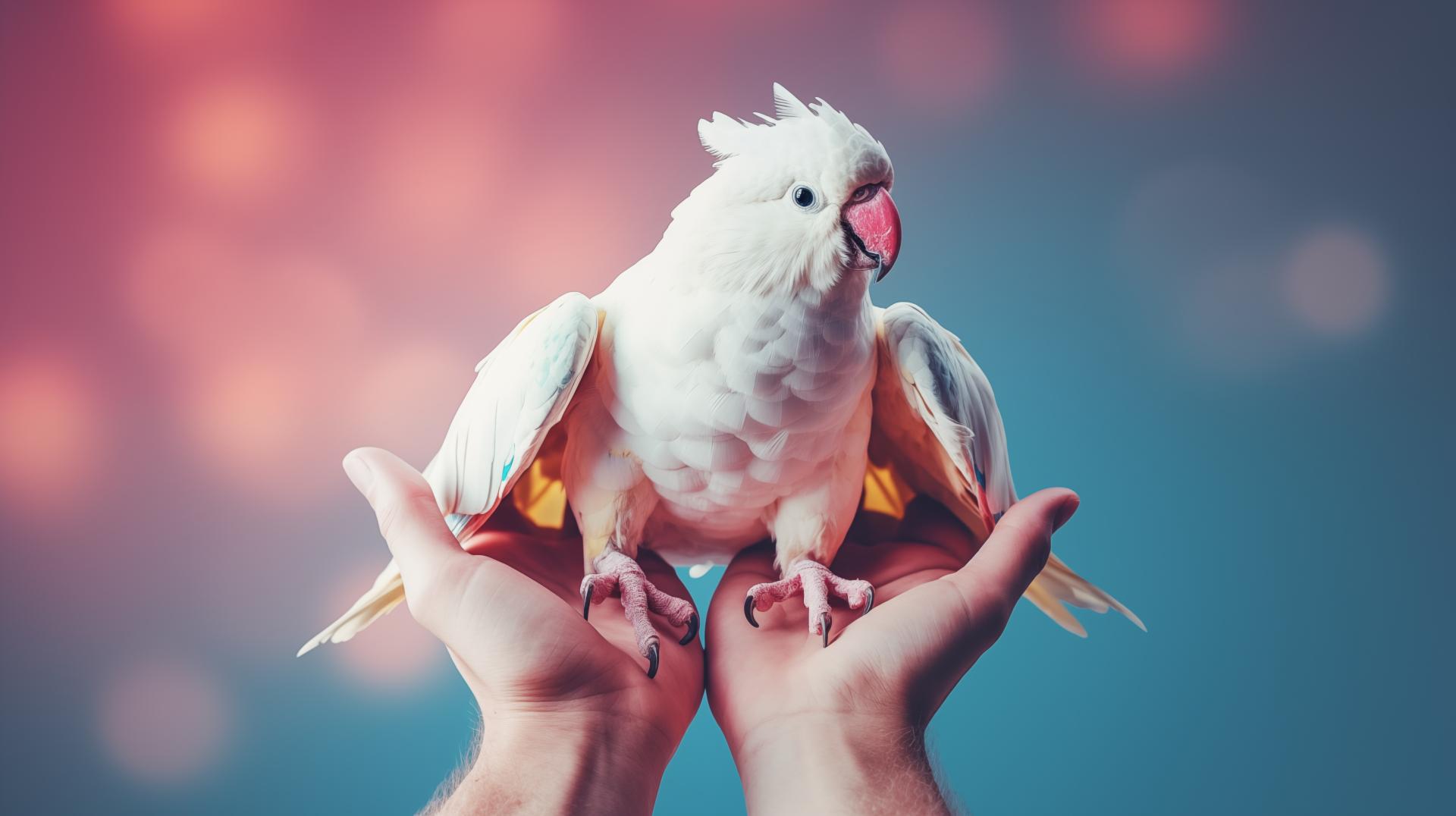 HD wallpaper featuring a white cockatoo perched on human hands with a soft-focus, colorful background.