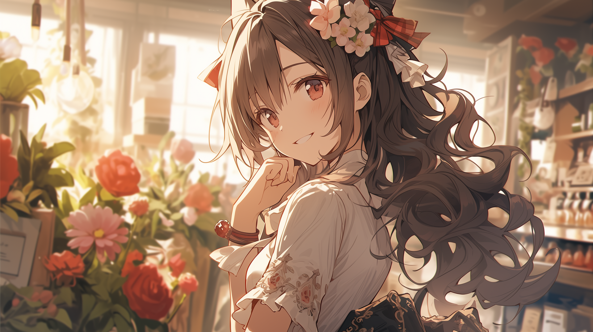 Cute anime girl with flowers in HD for desktop wallpaper background.