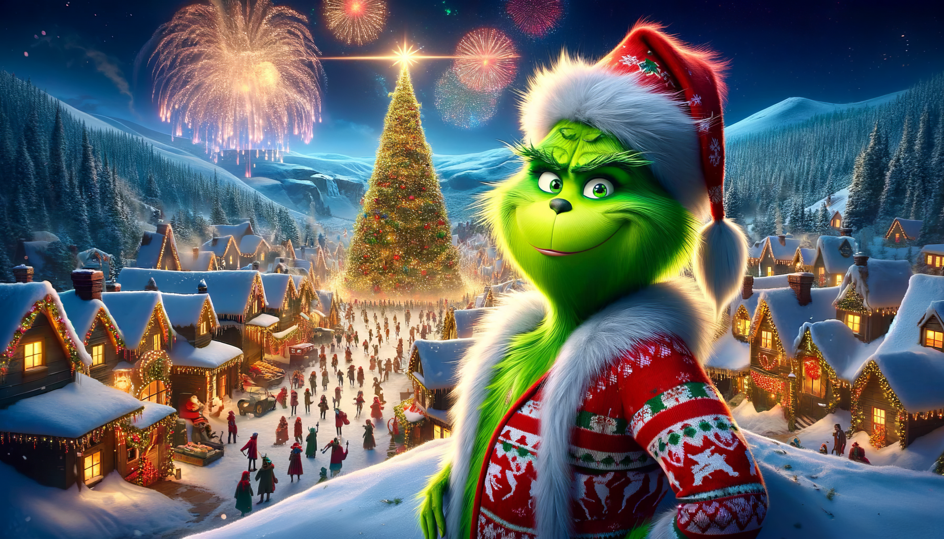 HD desktop wallpaper of The Grinch in a festive Christmas village with fireworks and holiday decorations.