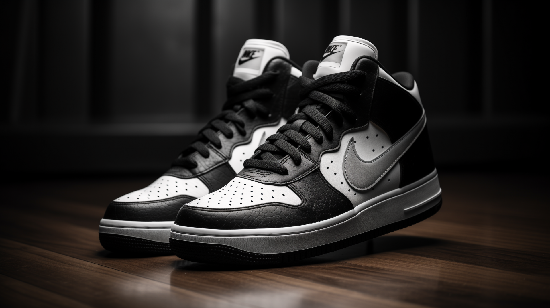 HD desktop wallpaper featuring a pair of Nike sneakers stylishly presented on a wooden floor with a dark, blurred background for a sleek and modern look.