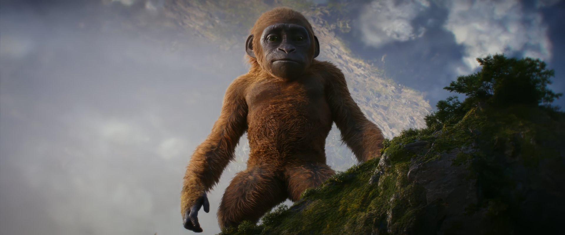 HD desktop wallpaper featuring a detailed image of Kong from the movie Godzilla x Kong: The New Empire, set against a cloudy sky backdrop.