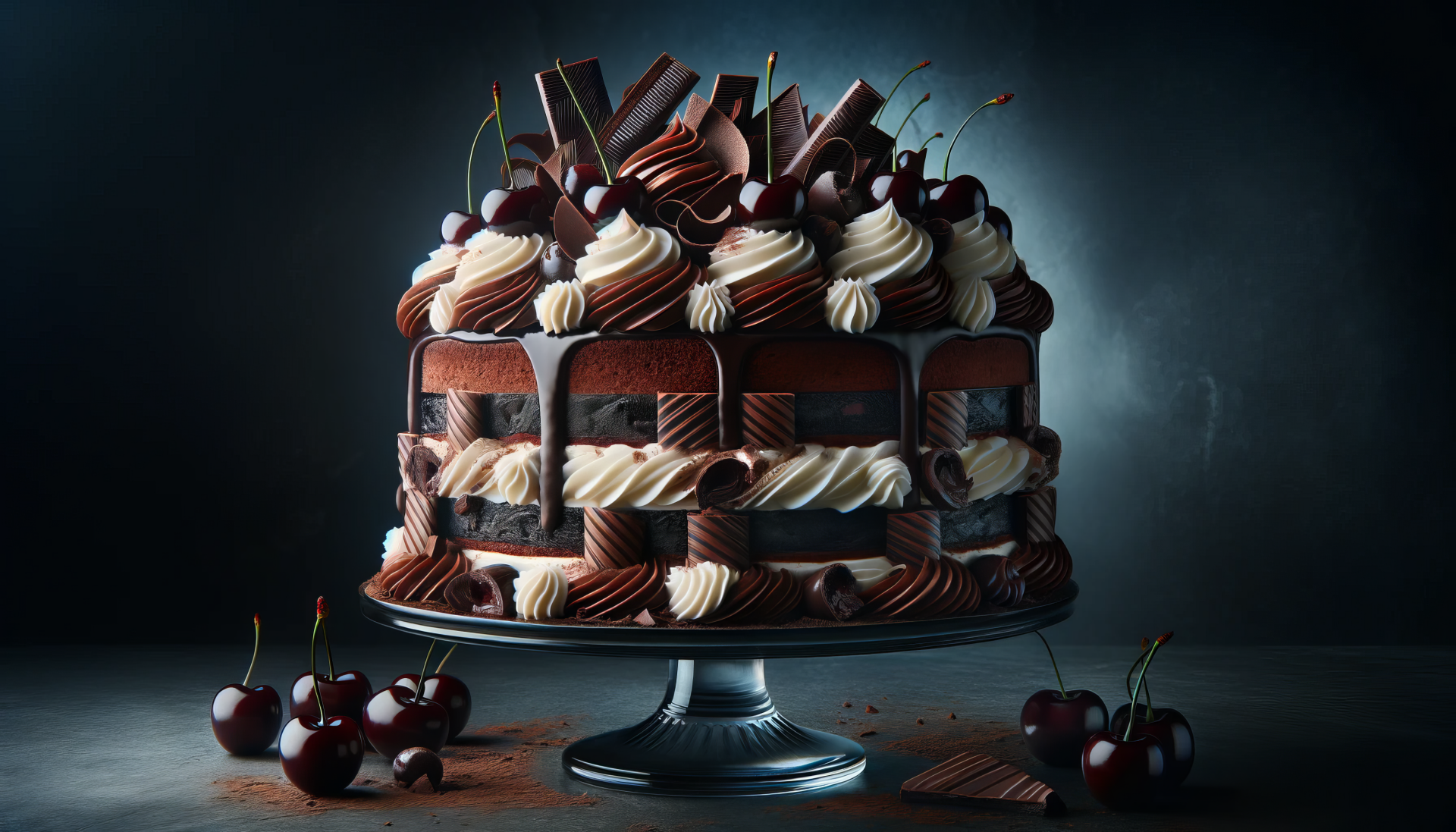 HD wallpaper of an elaborate Black Forest cake adorned with cherries and chocolate pieces on a dark background.