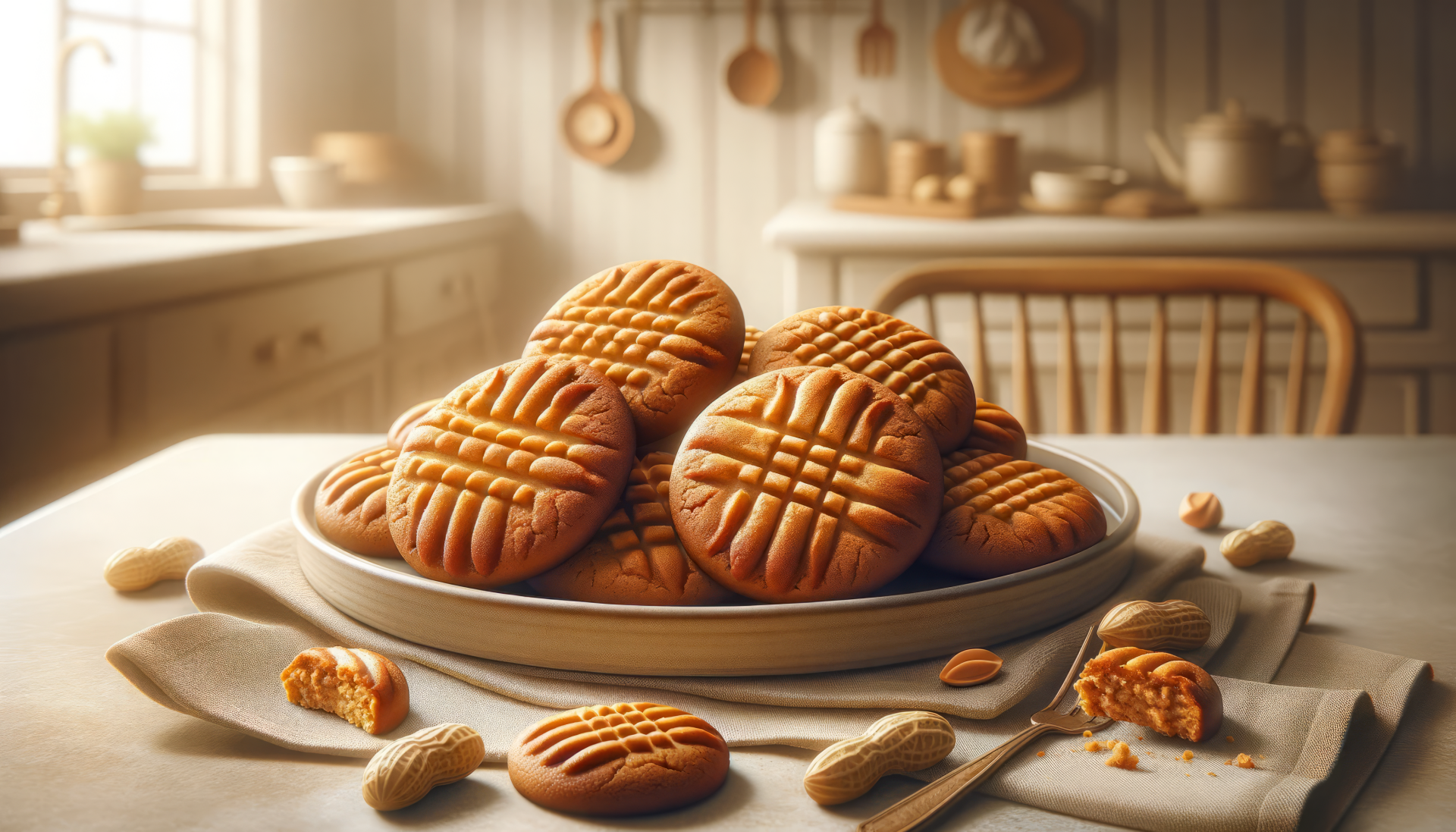 A warm, inviting scene of freshly baked peanut butter cookies stacked on a plate, surrounded by scattered peanuts, set in a cozy kitchen atmosphere. HD desktop wallpaper.