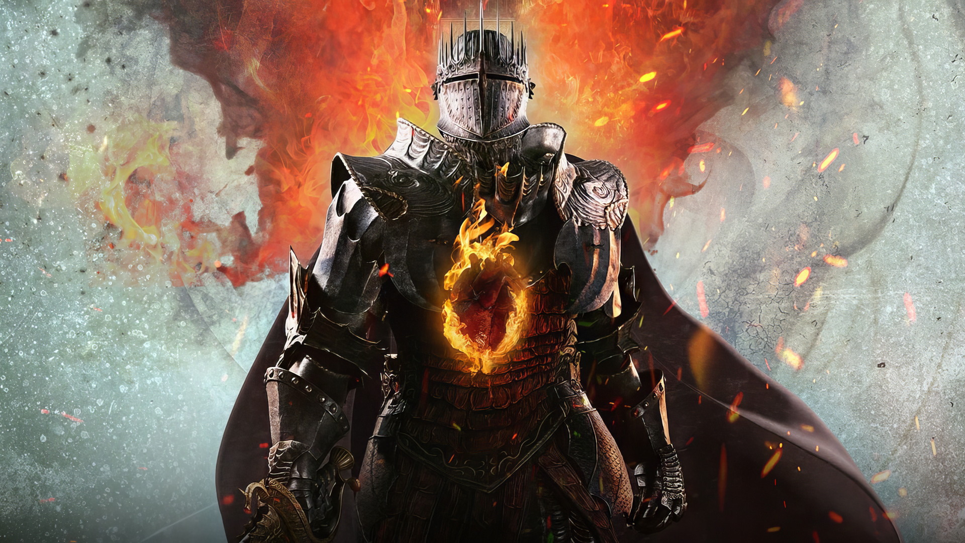 HD wallpaper featuring a knight from Dragon's Dogma 2 video game, with a fiery background symbolizing an intense battle scene.