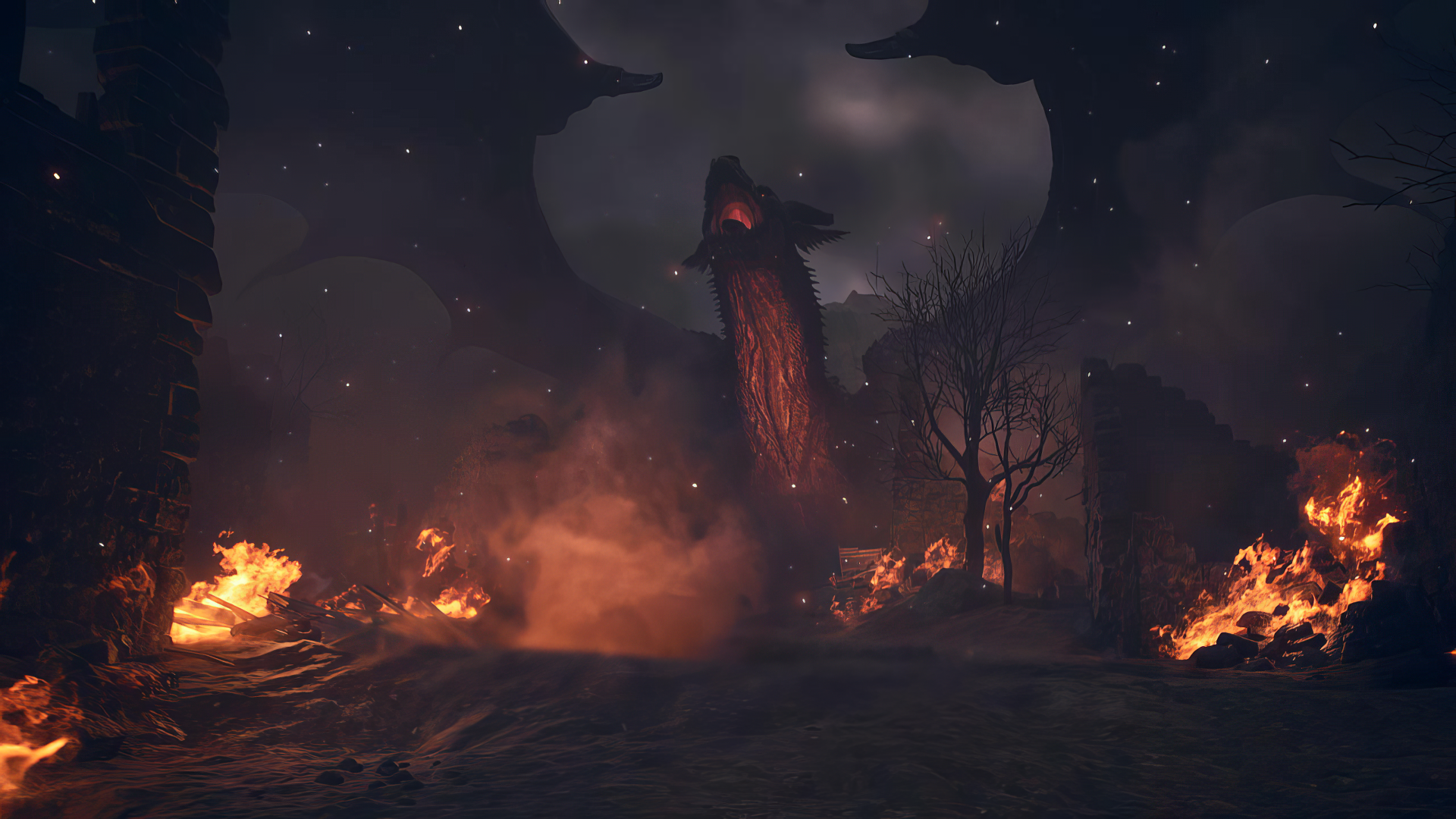 HD desktop wallpaper featuring a fearsome dragon from Dragon's Dogma 2 video game, set in a fiery, dark fantasy landscape.