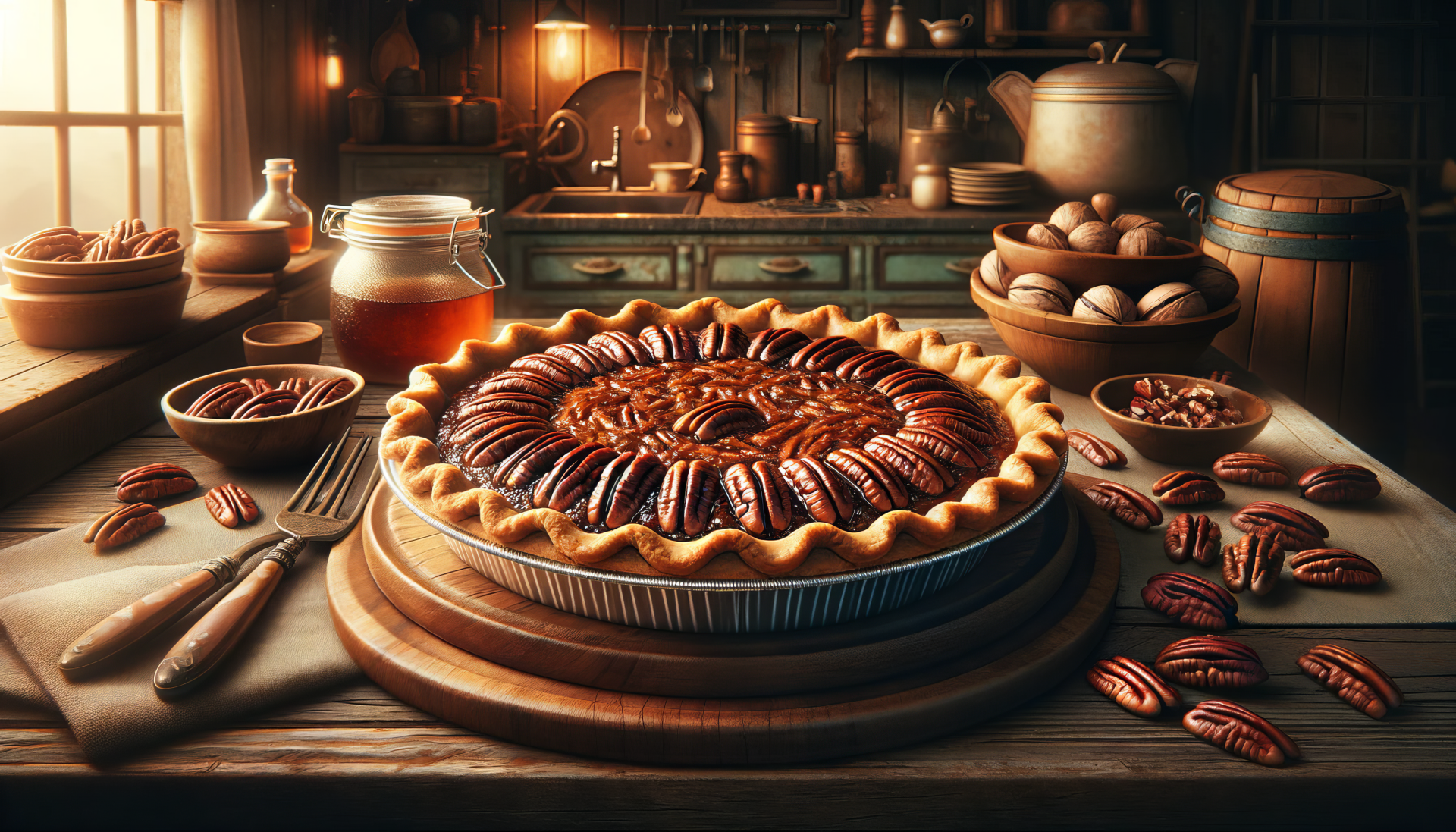 A beautifully baked pecan pie sits on a wooden table, surrounded by jars of syrup and scattered pecans, in a cozy kitchen setting. This HD wallpaper is rich in detail and warmth.