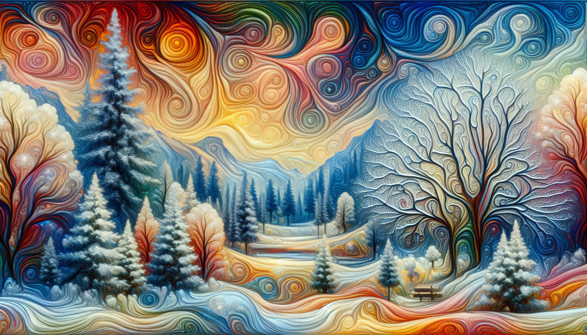Colorful HD desktop wallpaper featuring an artistic winter scene with swirl patterns, snow-covered trees, and mountain landscape.