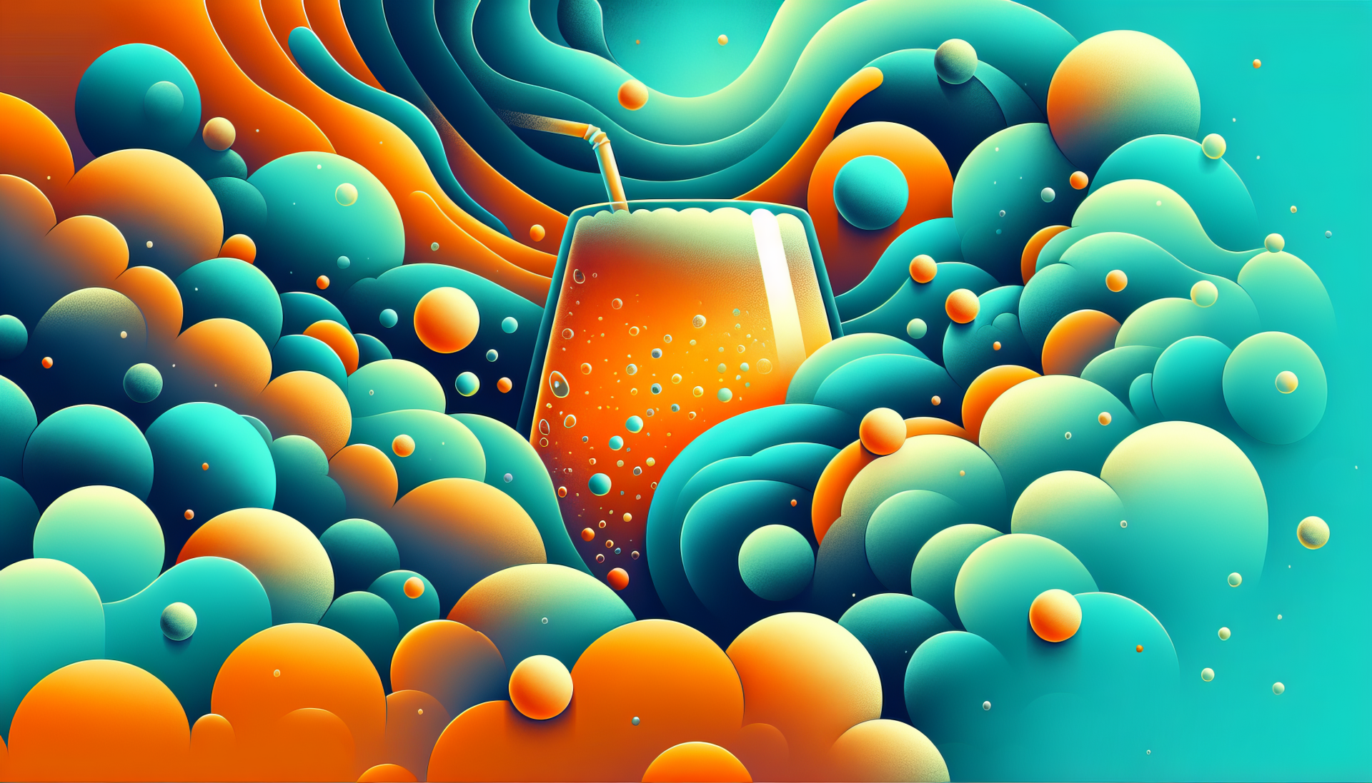 HD desktop wallpaper featuring an artistic rendition of a glass of cider amidst vibrant, abstract waves and bubbles in orange and blue tones.