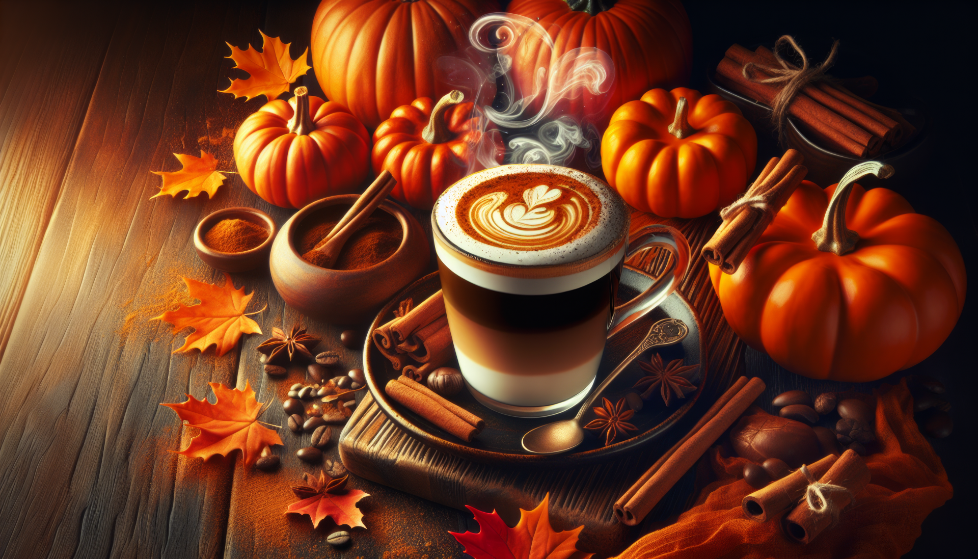 HD wallpaper featuring a pumpkin spice latte surrounded by pumpkins, cinnamon sticks, and autumn leaves, capturing the essence of fall.