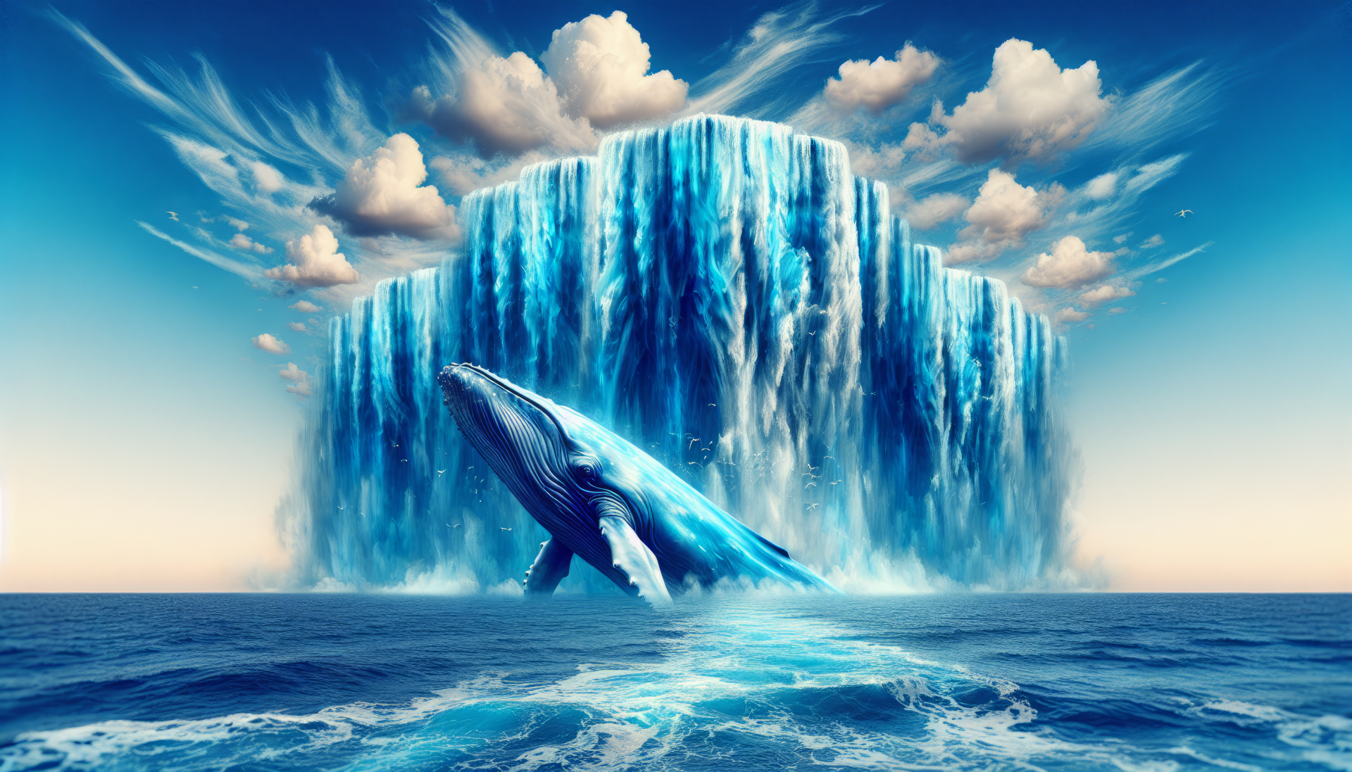 Blue whale leaping out of the ocean with a massive, waterfall-like ice structure in the background, as a stunning HD desktop wallpaper and background.