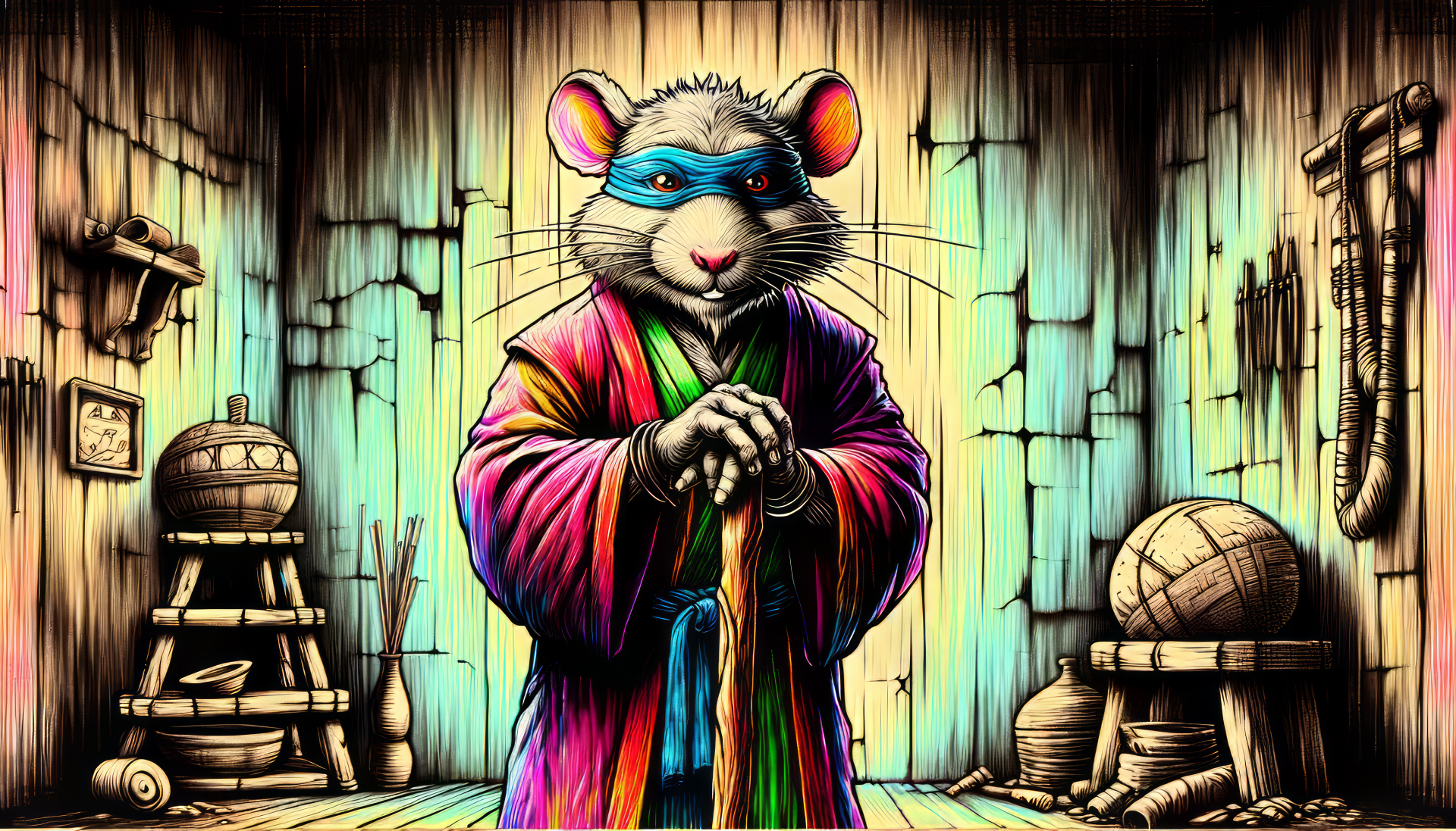 HD desktop wallpaper of Splinter from TMNT in a dojo setting with traditional martial arts equipment.