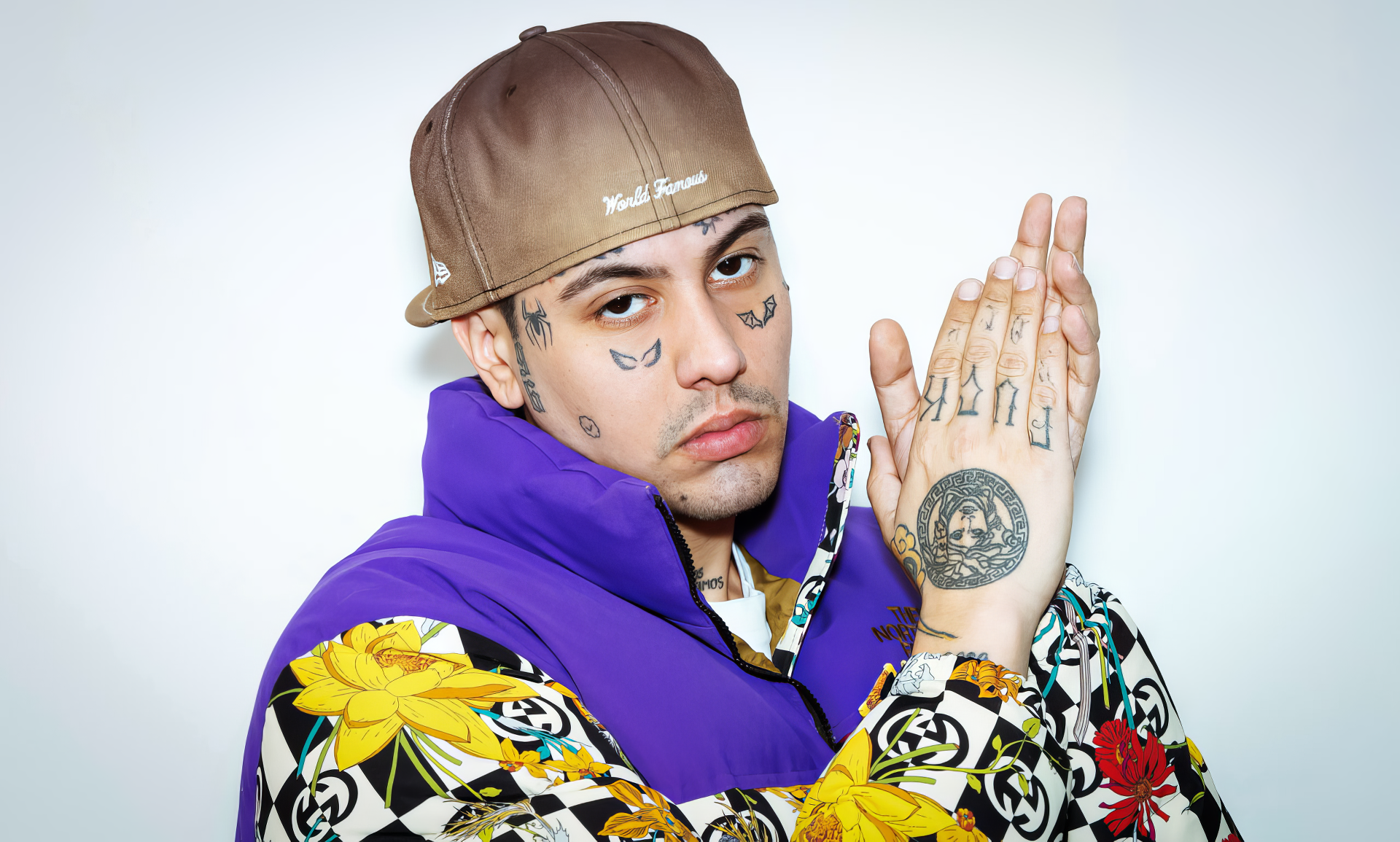 HD desktop wallpaper featuring a person with tattoos posing in a colorful outfit against a white background tagged with Duki.