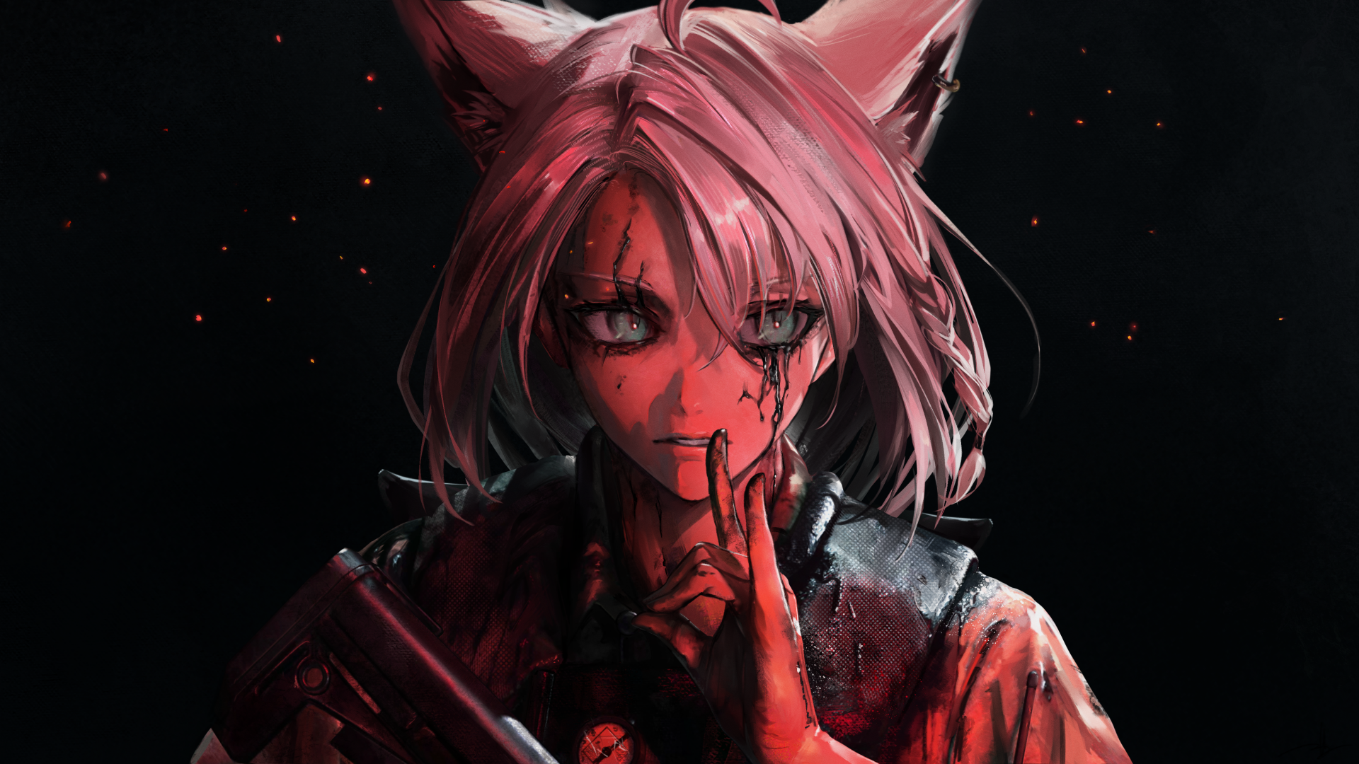 4K Ultra HD anime wallpaper of Shirakami Fubuki, a girl Virtual YouTuber from hololive, depicted with fox ears and intense, dark-themed visuals.