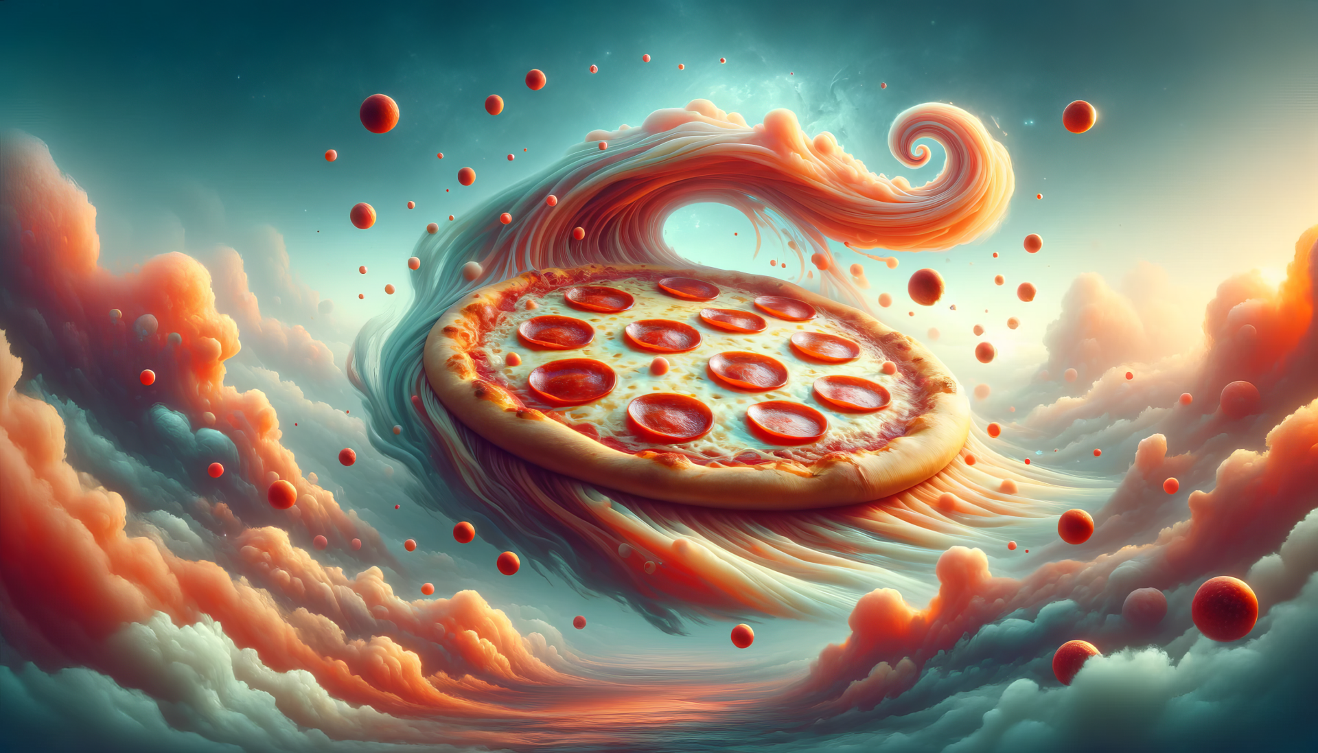 Fantasy pepperoni pizza soaring in a surreal sky with swirling clouds - HD desktop wallpaper and background
