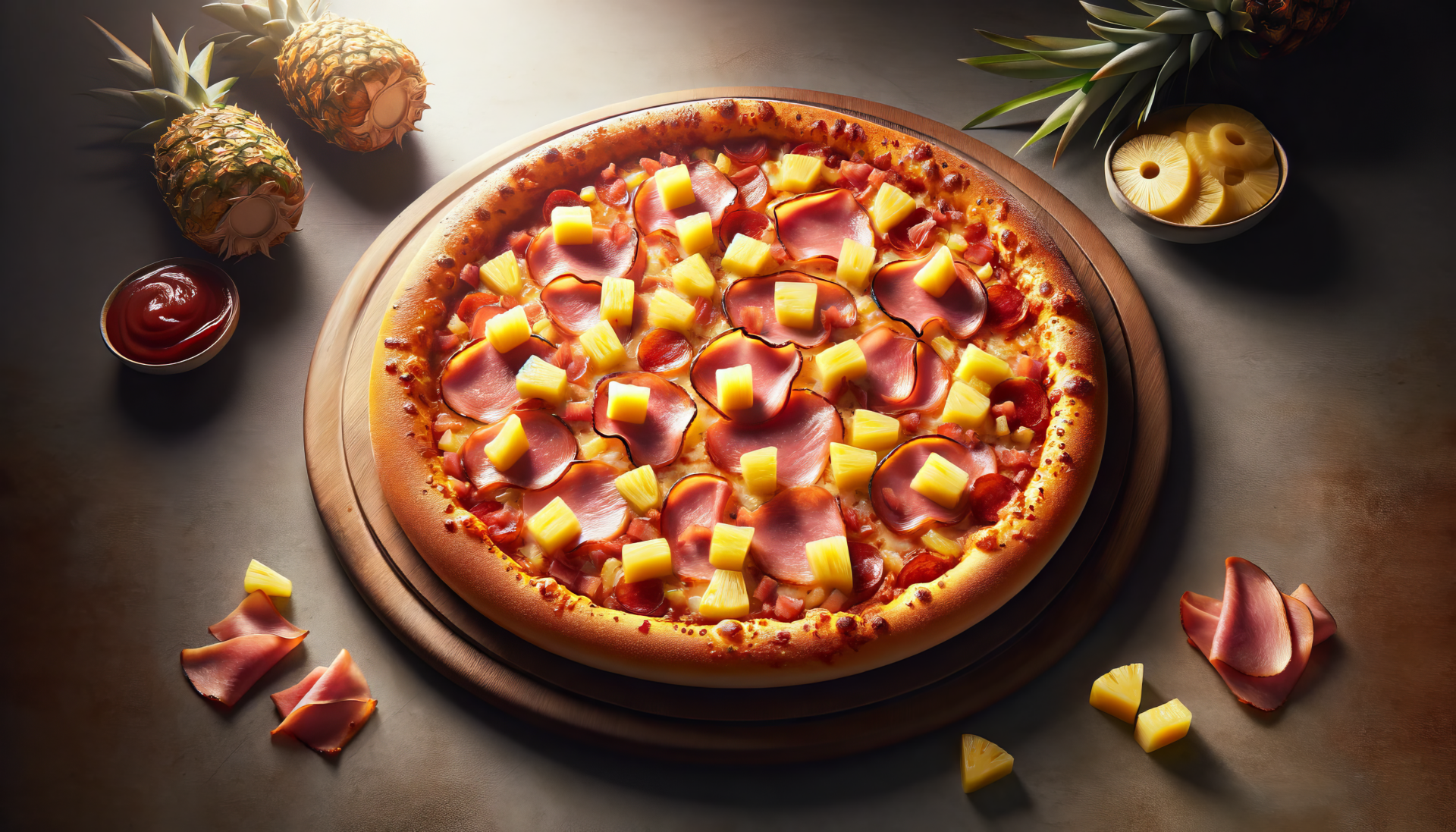 HD wallpaper featuring a delicious Hawaiian pizza with ham and pineapple toppings, accompanied by whole and sliced pineapples on a dark background.