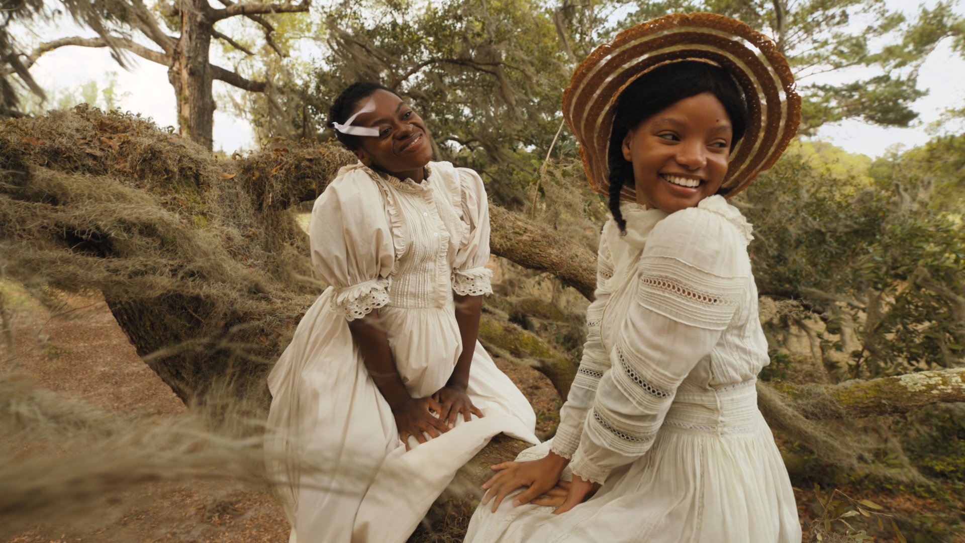 HD desktop wallpaper featuring two characters from the 2023 movie 'The Color Purple,' happily posing in an outdoor, natural setting.