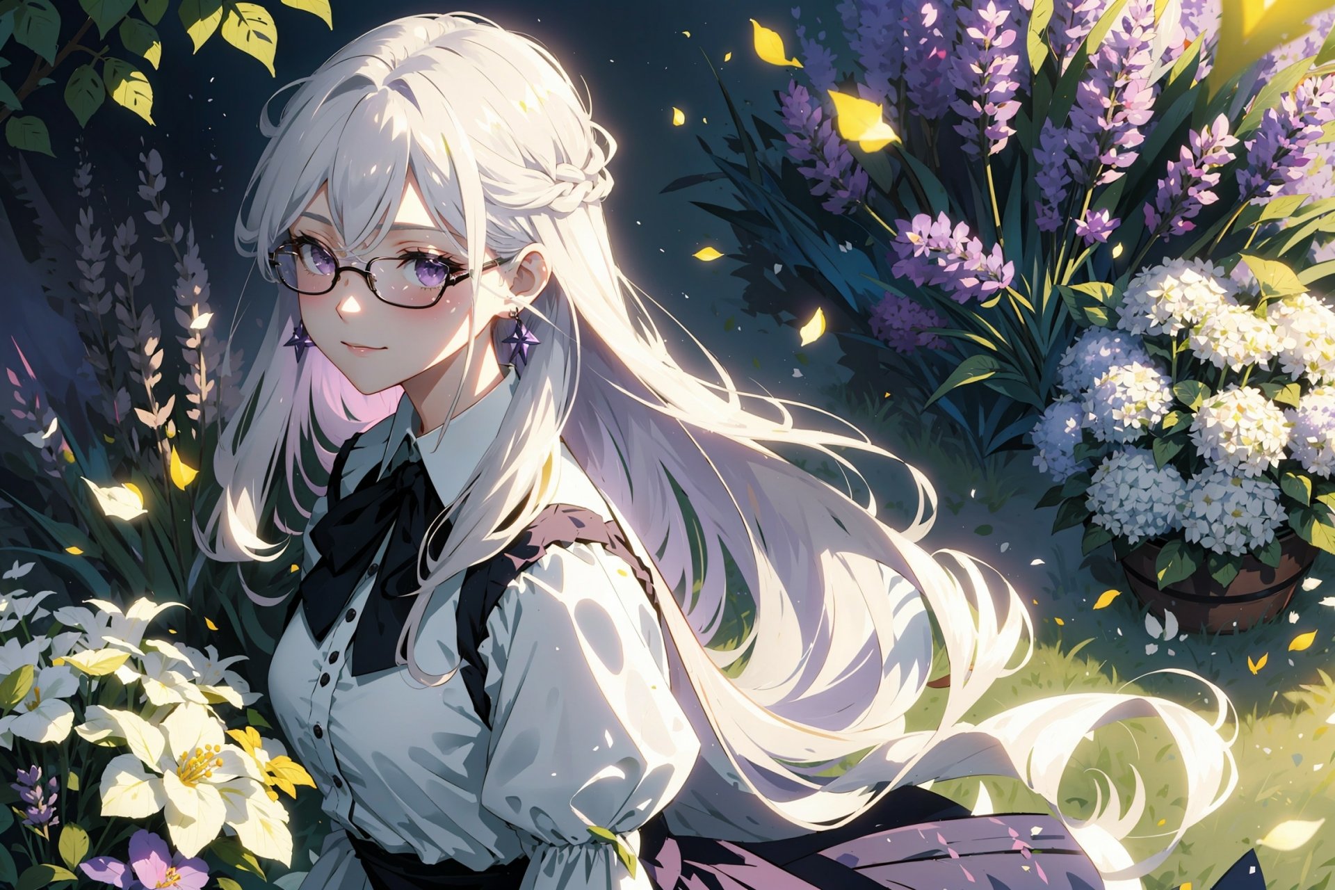Anime-style HD PC desktop wallpaper featuring a calm girl with long white hair and glasses surrounded by vibrant flowers in soft, warm lighting.