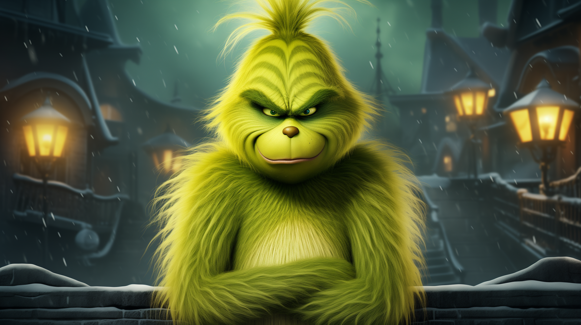 A vivid HD desktop wallpaper featuring the Grinch, with his signature scowl against a wintery backdrop of snow and dimly lit streetlamps.